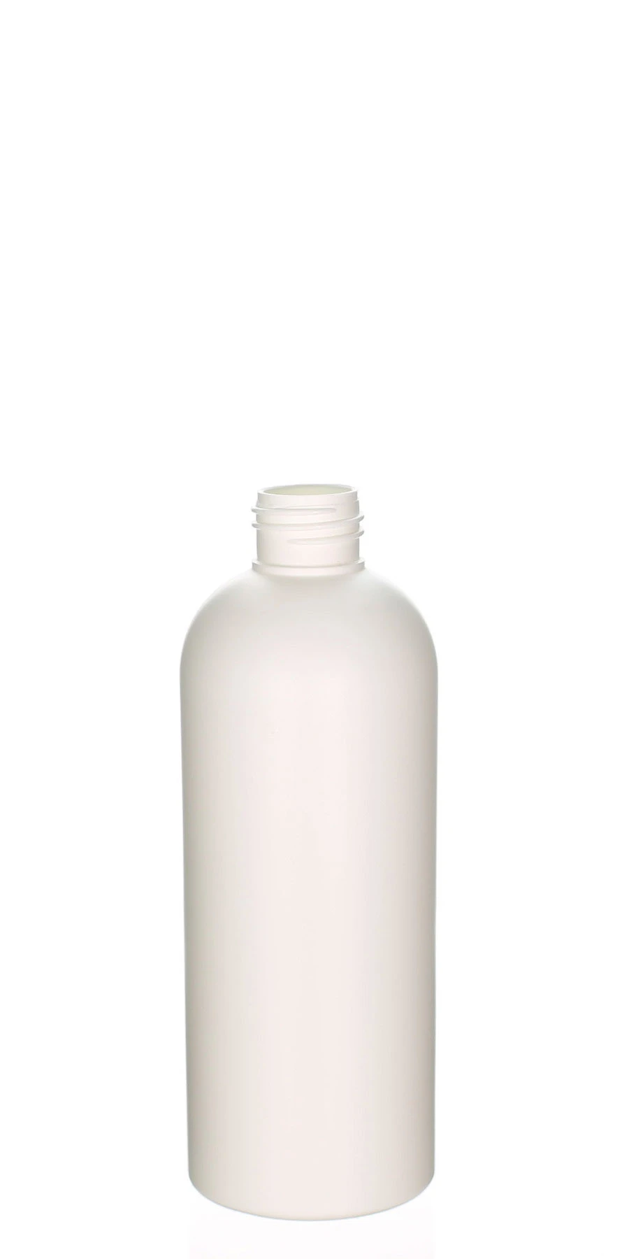 250ml HDPE-Kosmetikflasche in mattem Weiß für Pflege- und Spa-Produkte Matte weiße 250ml Kunststoffflasche aus HDPE mit rundem Körper und 24/410 Gewinde auf hellem Hintergrund