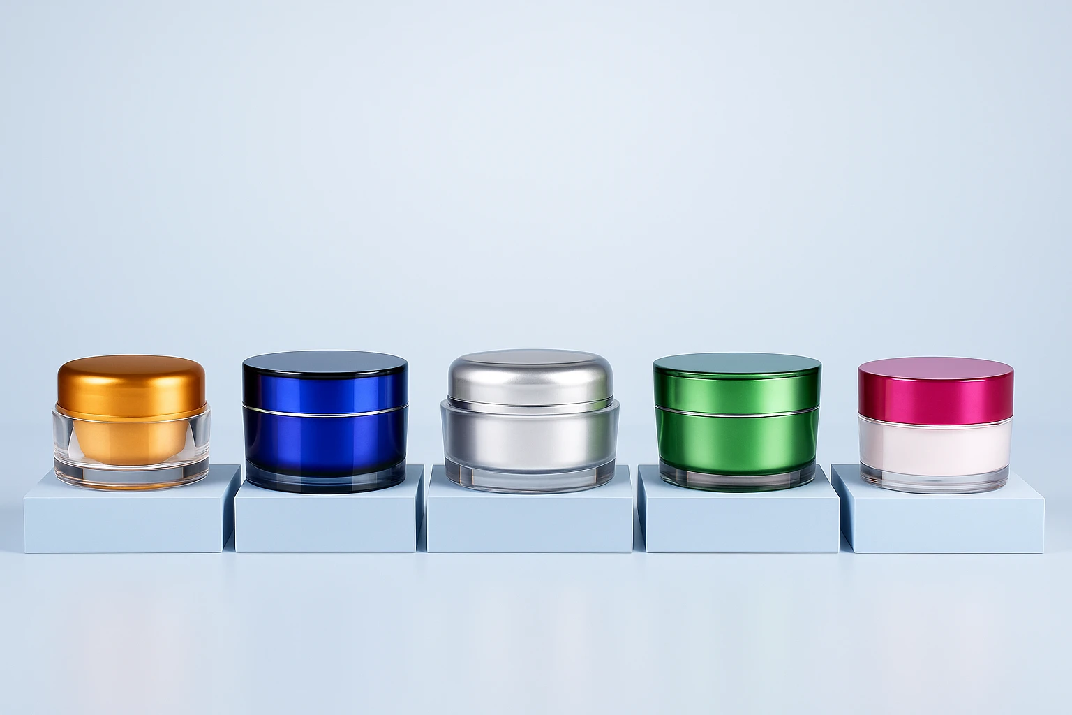 Cosmetic jars with lids in gold, blue, silver, green, and pink on light blue displays