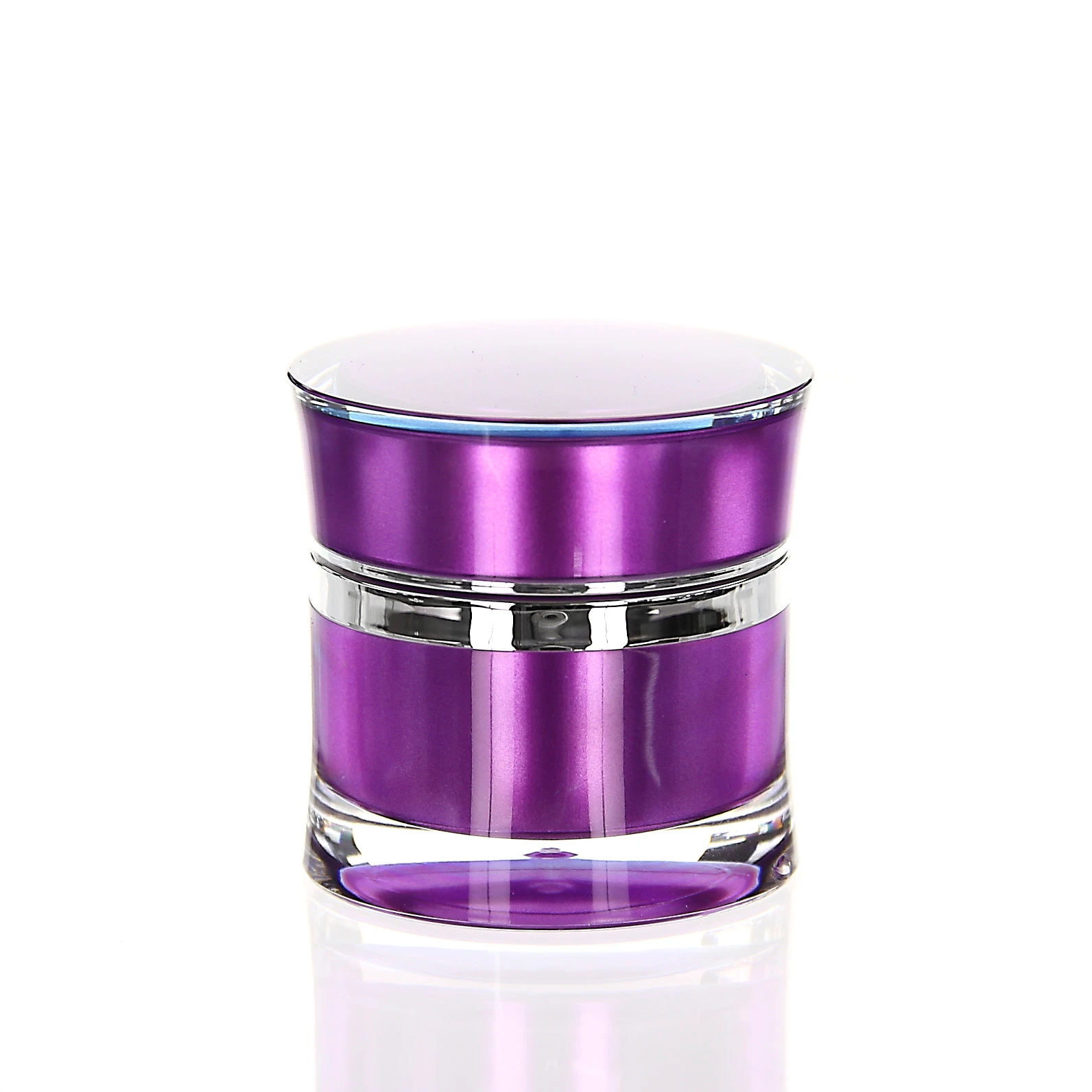 Geschlossene 15ml Acryldose Ocean in glänzendem Violett mit silbernem Zierband auf weißem Hintergrund