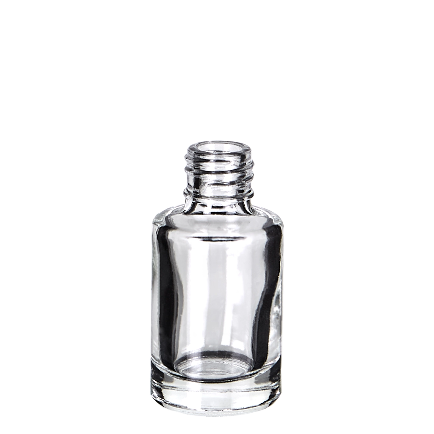 Transparente 6ml Nagellackflasche aus klarem Glas mit Schraubgewinde, freigestellt auf weißem Hintergrund