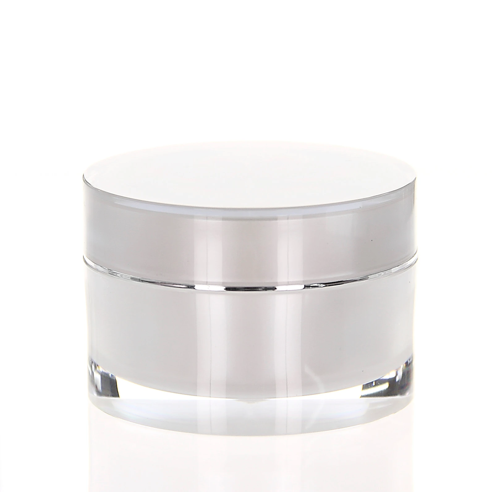 Closed 50ml pearl-colored acrylic jar with glossy surface on white background