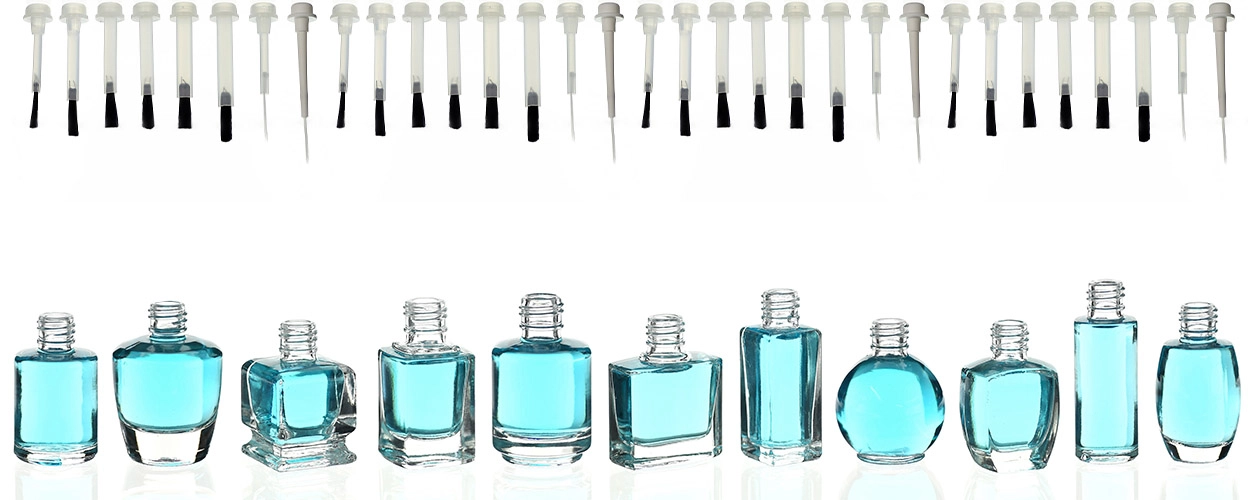 Different nail polish bottles with blue liquid and matching brushes in various shapes and sizes