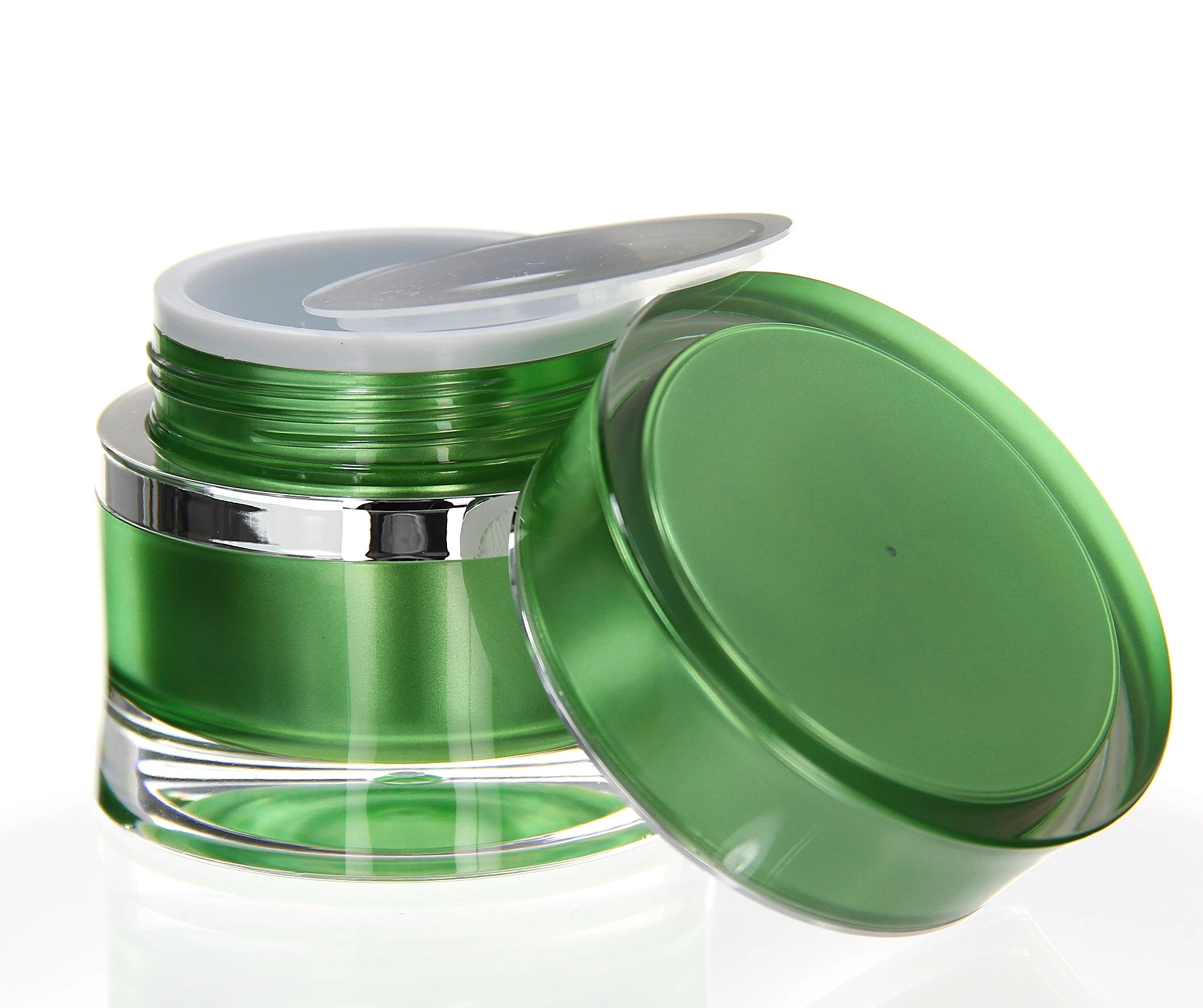 Open 50ml Ocean acrylic jar in glossy green with silver ring and inner disc on white background