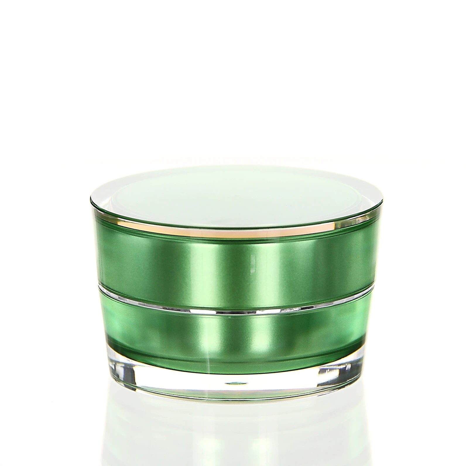 Closed 15ml acrylic jar in glossy green with round, conical design on white background