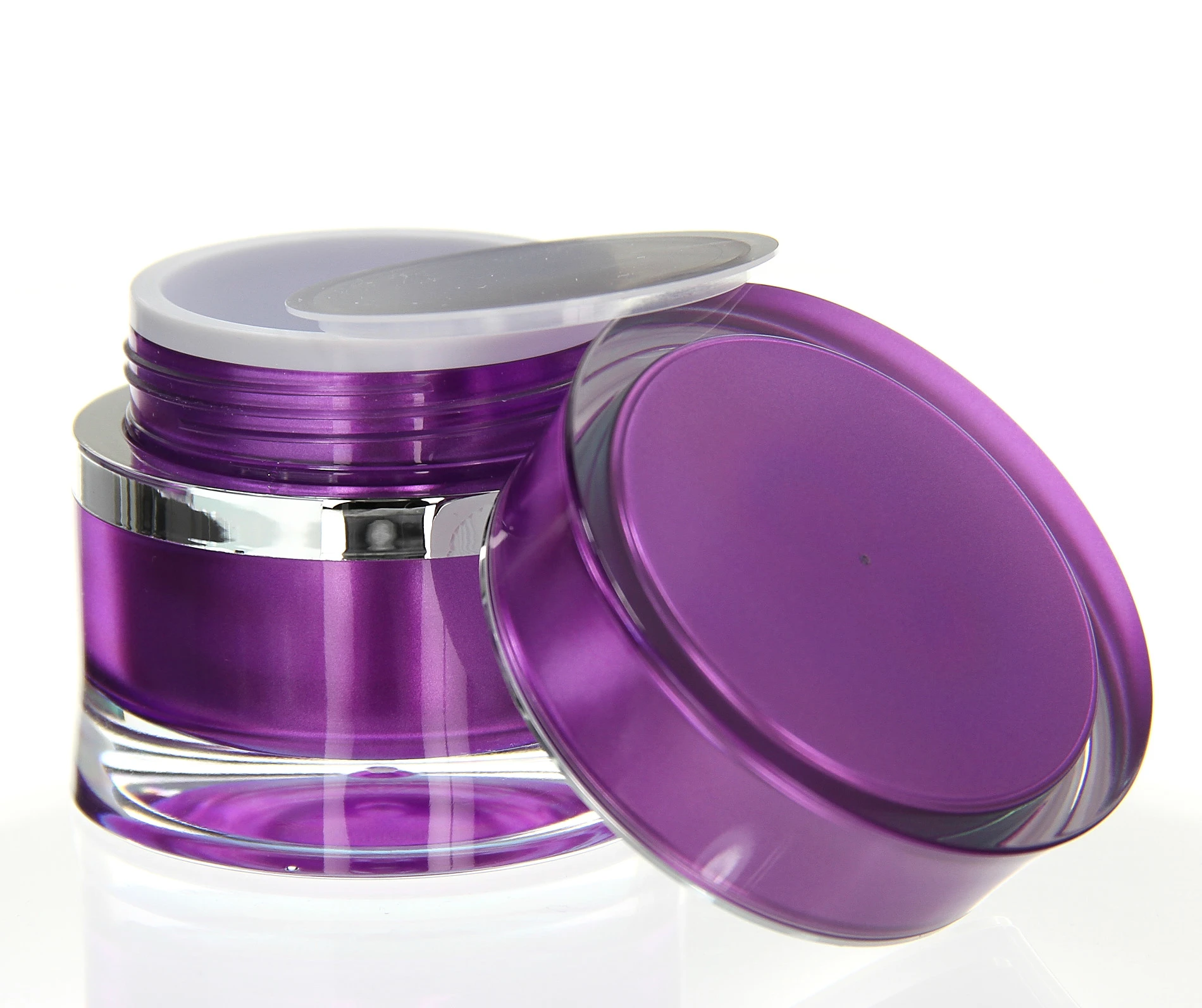 Open 50ml Ocean acrylic jar in glossy purple with silver ring and sealing disc