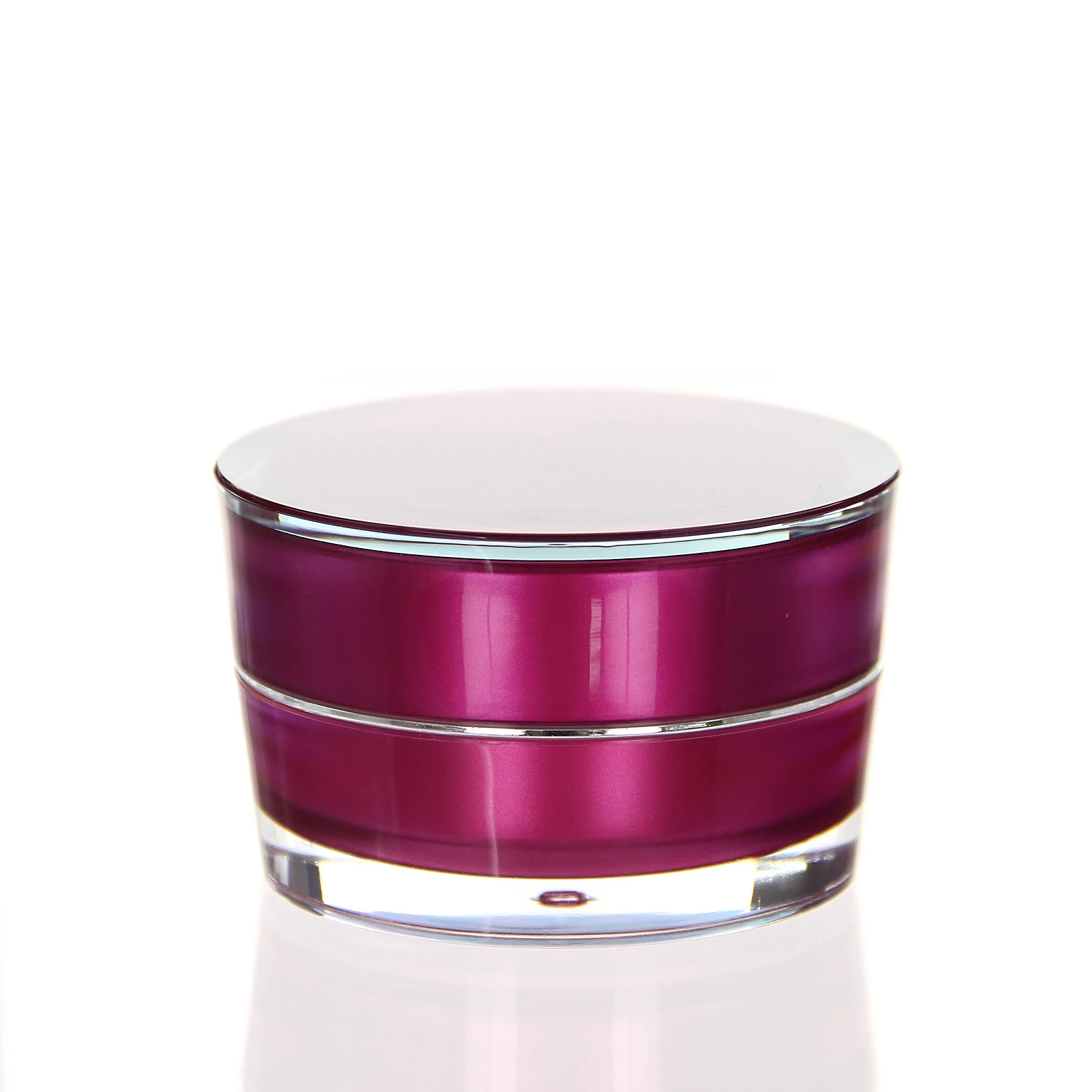 Glossy 15ml pink cream jar with double-walled design and clear base on white background