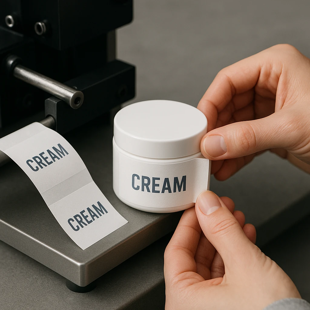 Hands applying a label reading “CREAM” to a white cosmetic jar