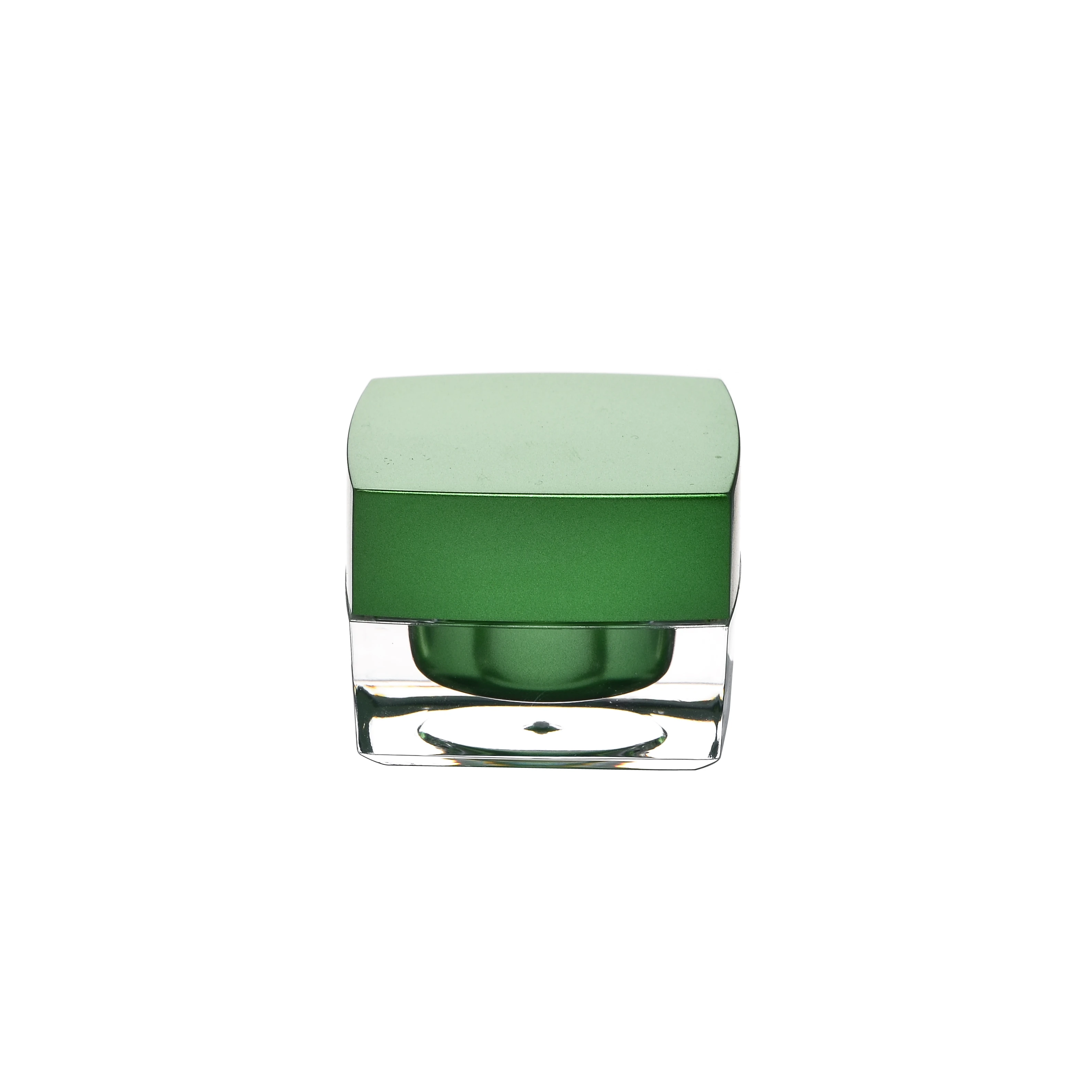 Closed 5ml acrylic jar in glossy green with square shape and clear base