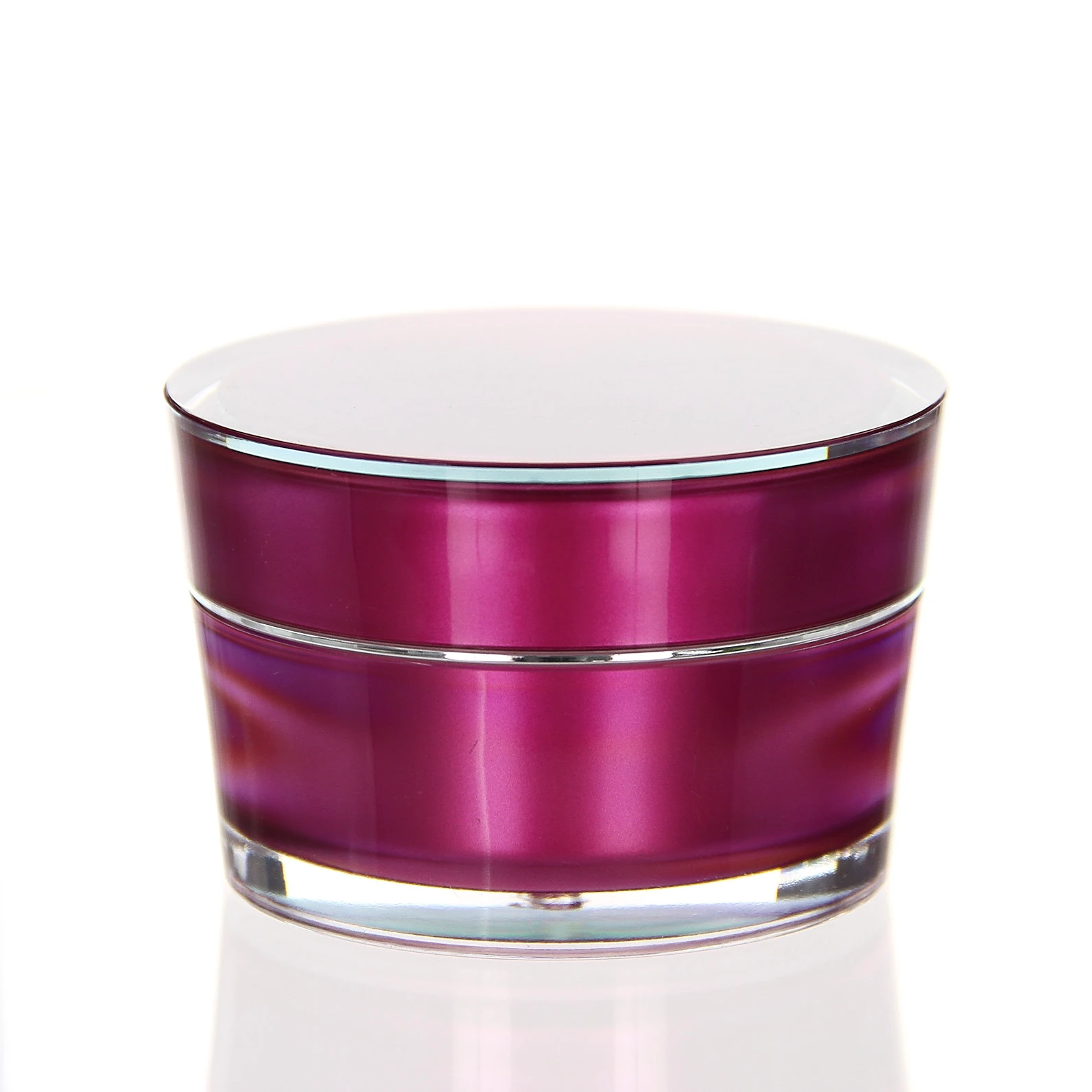 Closed 50ml acrylic jar in glossy pink with transparent double wall on white pedestal