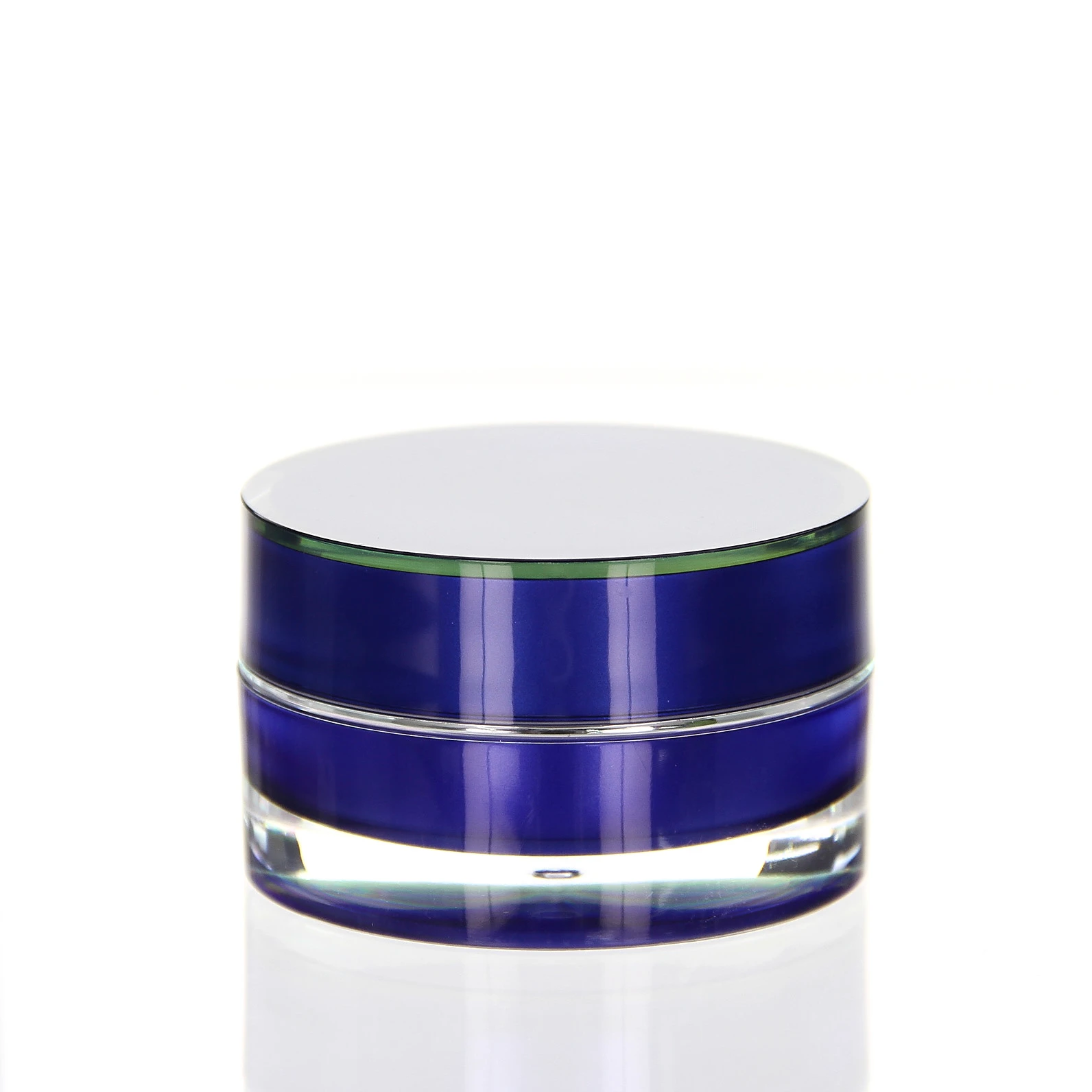 Closed 15ml acrylic jar in glossy blue with transparent outer wall on white pedestal