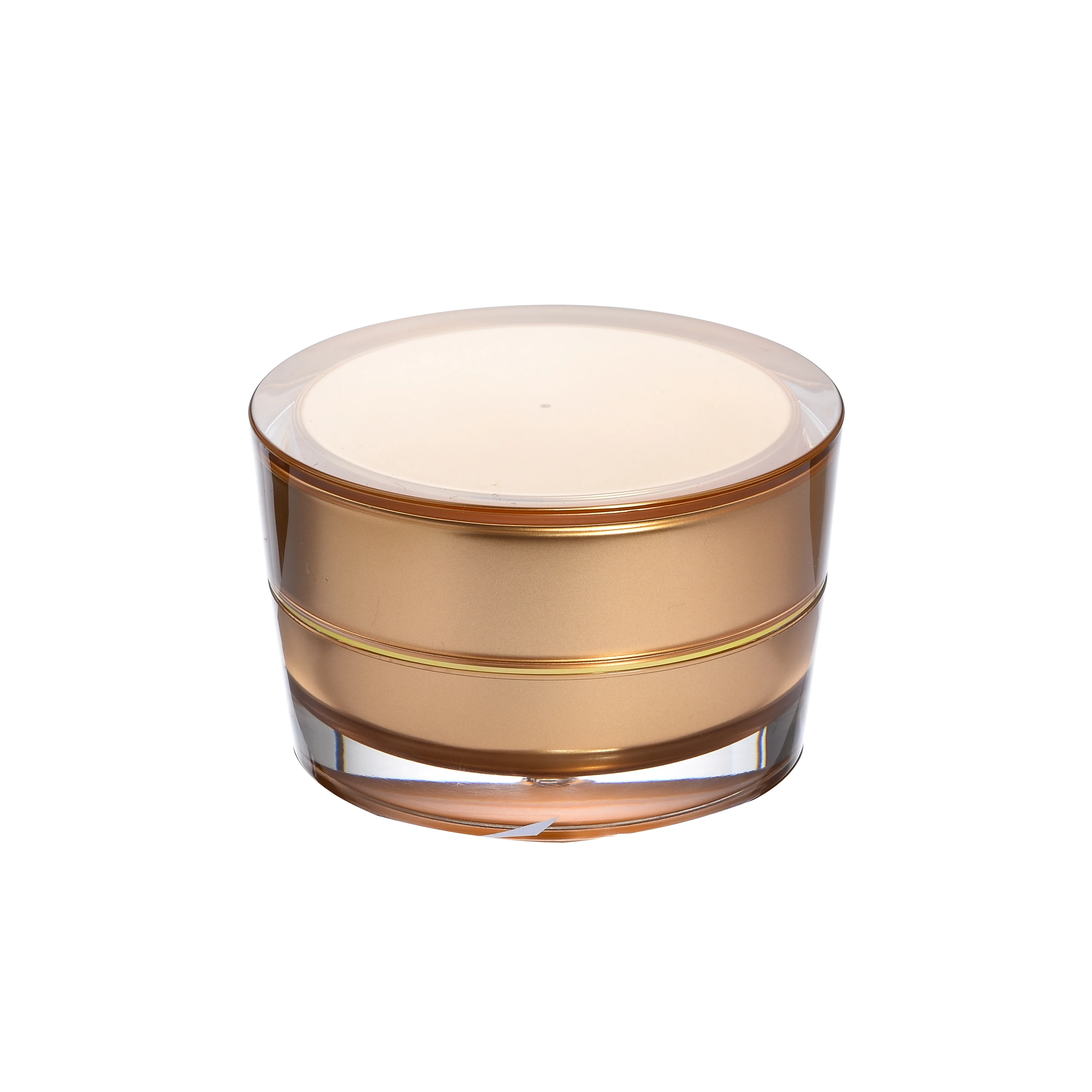 Closed 15ml acrylic jar in glossy gold with transparent outer shell on white background