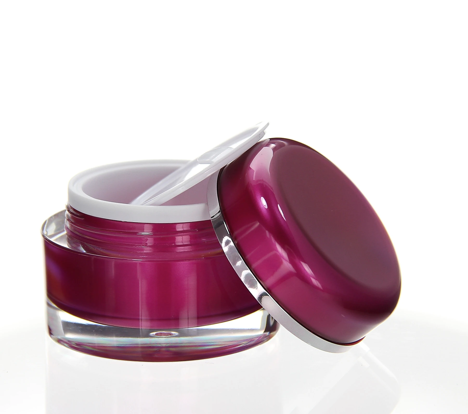 Open 30ml acrylic jar in pink with white inner lid and glossy tilted cap