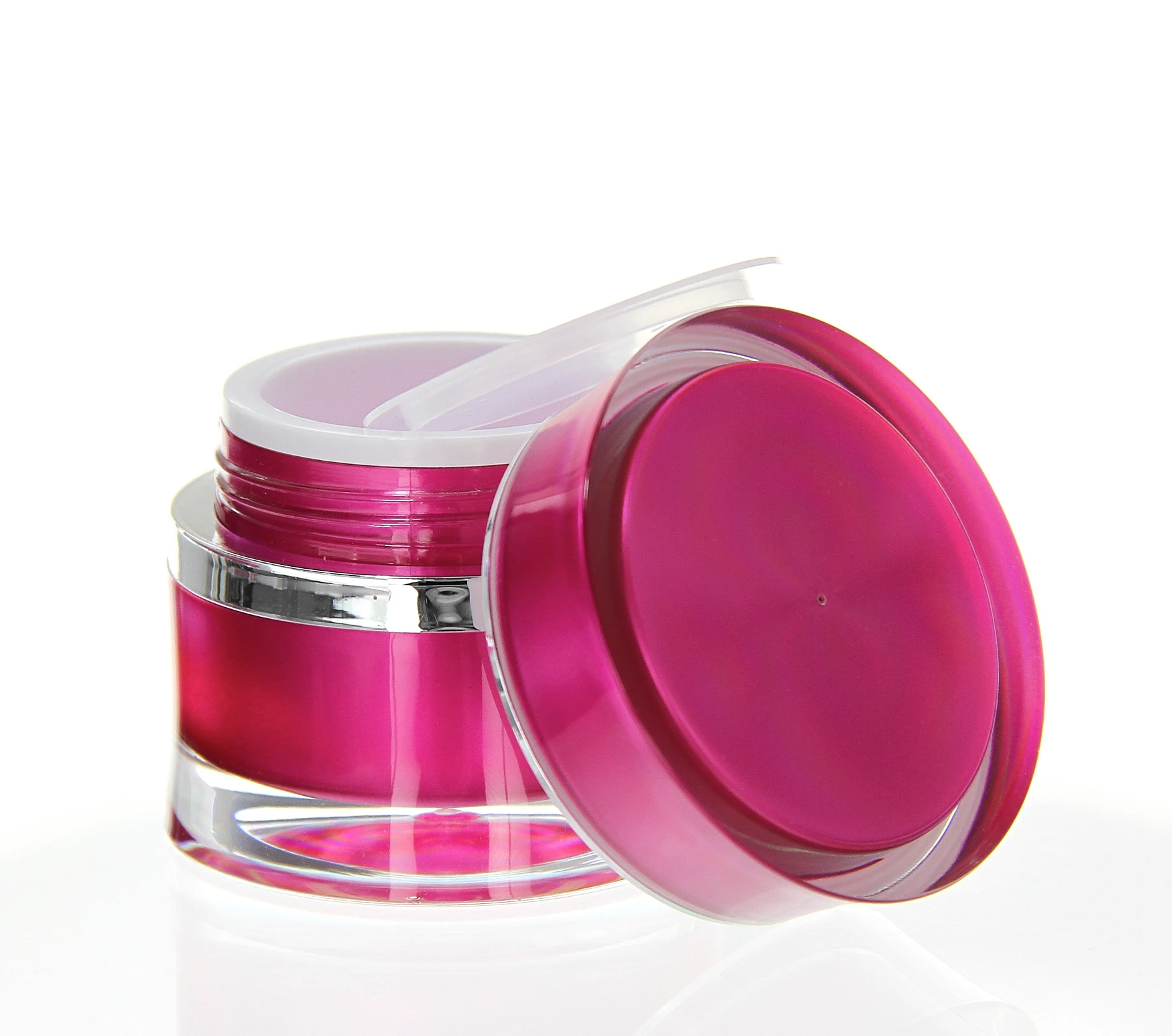 Opened 30ml Ocean acrylic jar in glossy pink with transparent lid and PP insert