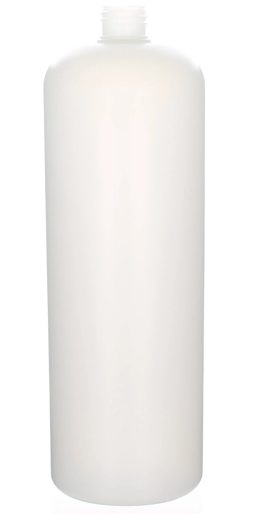 1000ml HDPE-Kosmetikflasche in Natur für Refill- und Spa-Produkte Matte naturfarbene 1000ml Kunststoffflasche aus HDPE mit rundem Körper und 24/410 Gewinde auf weißem Hintergrund