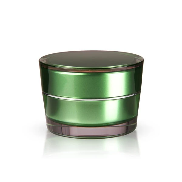 Round 30ml acrylic jar in glossy green with conical shape and clear outer shell on white background