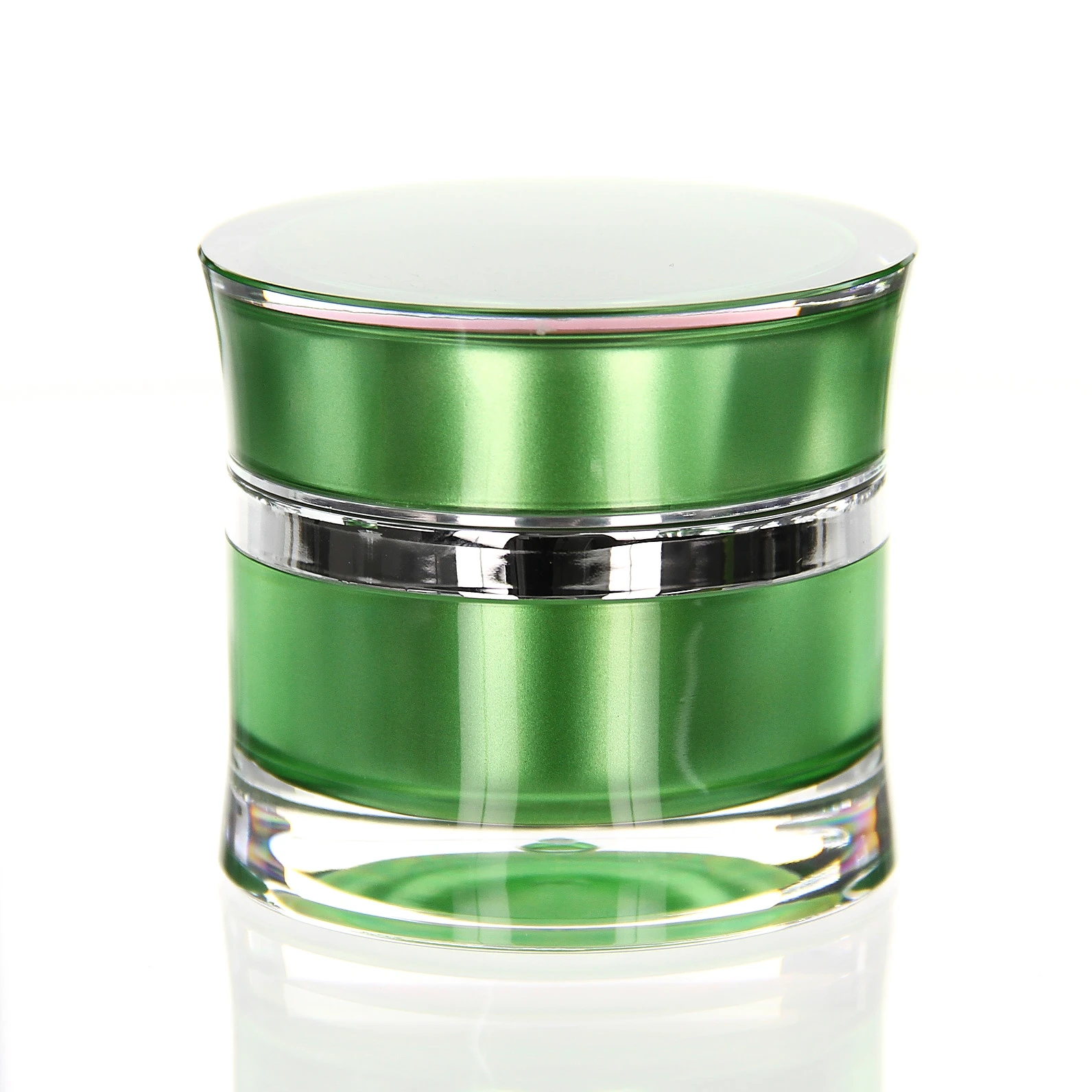 Closed 50ml Ocean acrylic jar in glossy green with silver decorative ring on white background