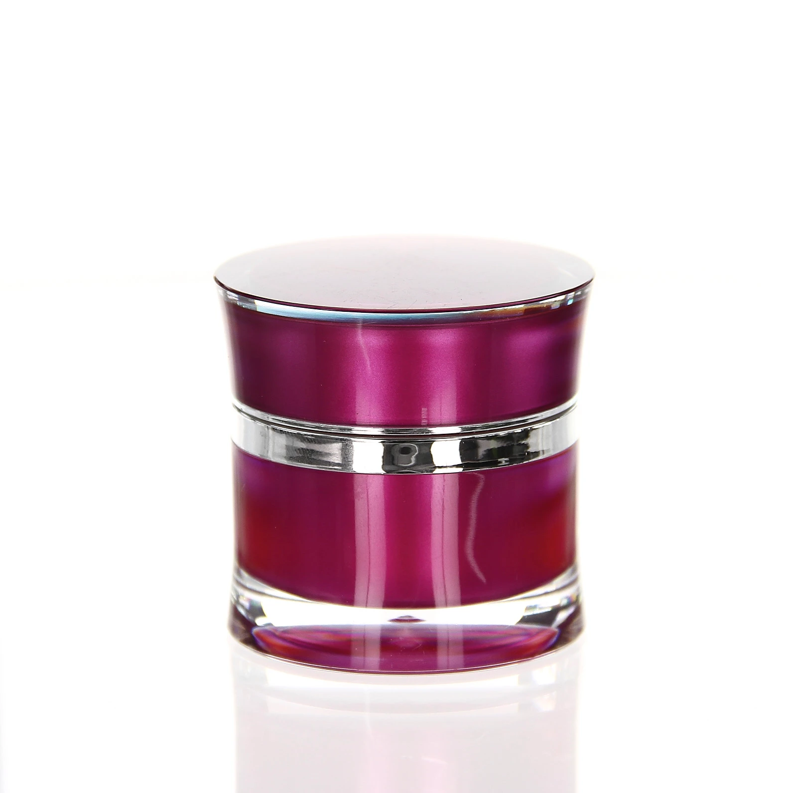 Glossy 15ml acrylic jar in vibrant pink with silver accent ring on white background