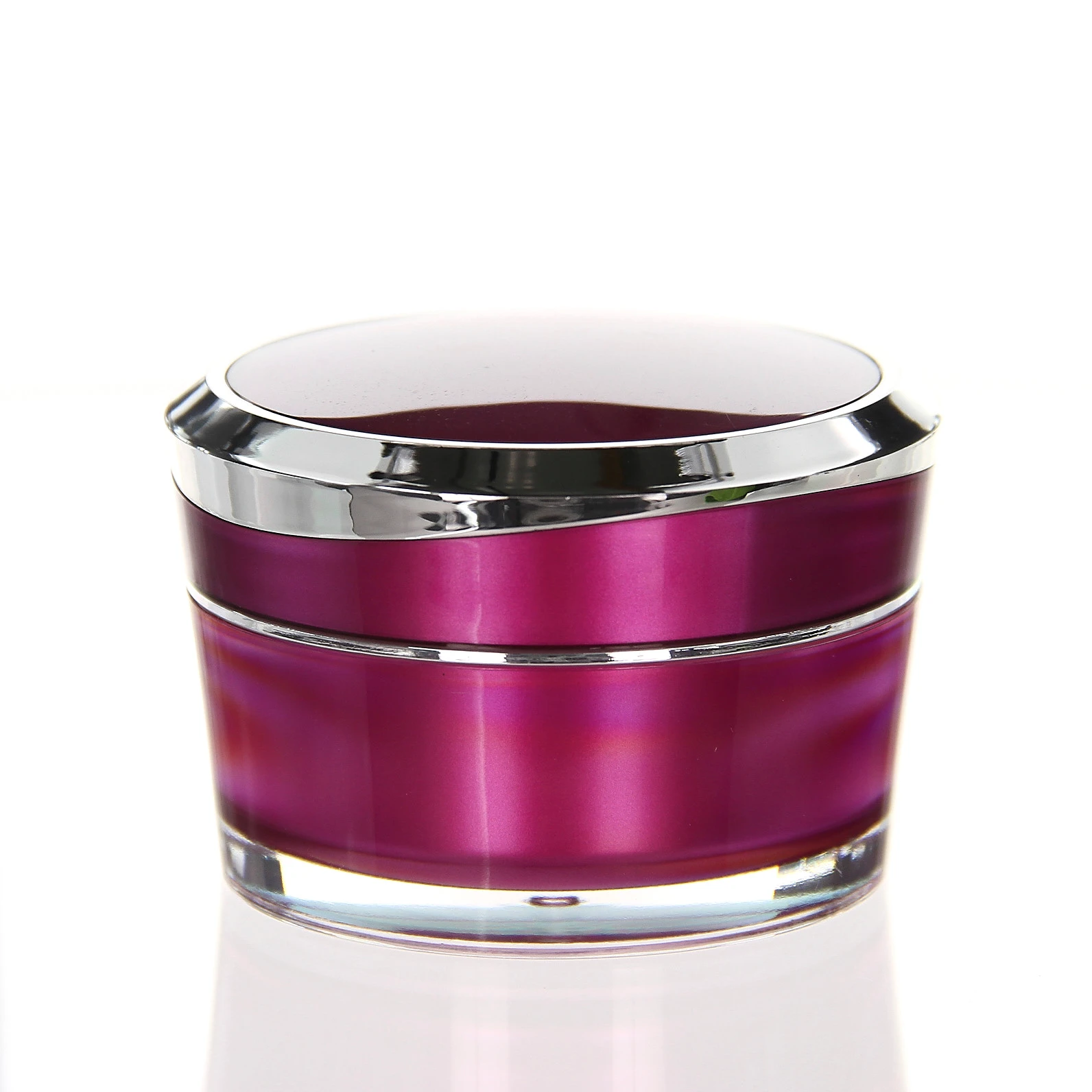 Closed 50ml Mars acrylic jar in vibrant pink with silver rim on light background