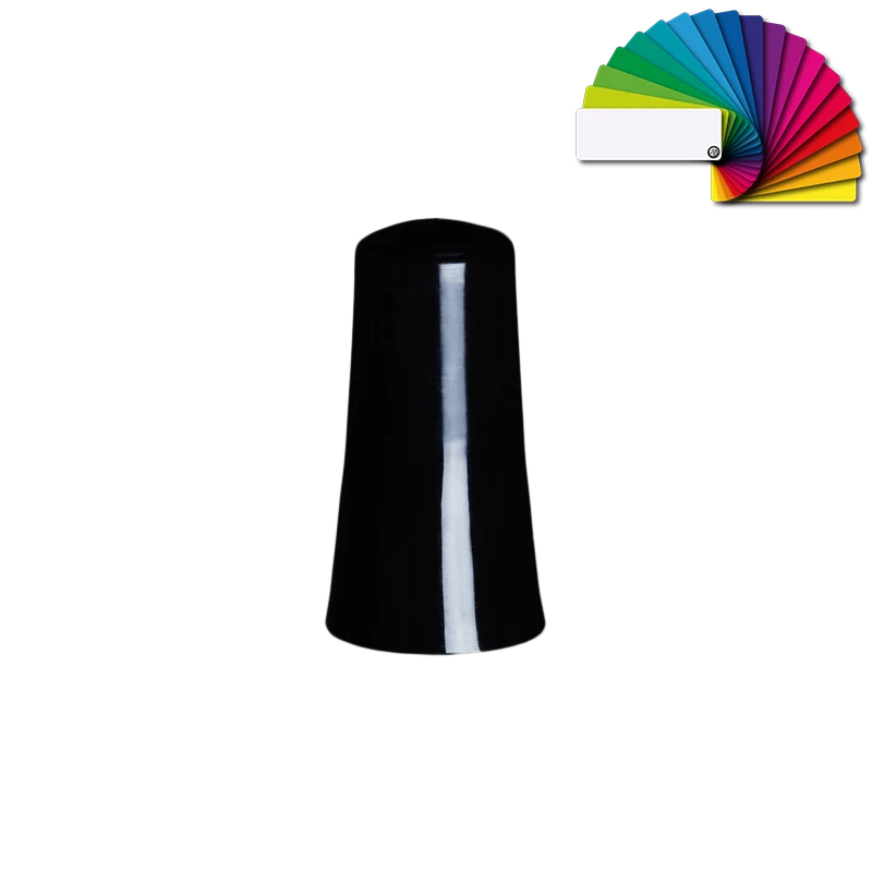 Schwarze glänzende Verschlusskappe Italica 13/415 mit hoher, konischer Form und Farbfächer zur individuellen Farbgestaltung auf hellem Hintergrund