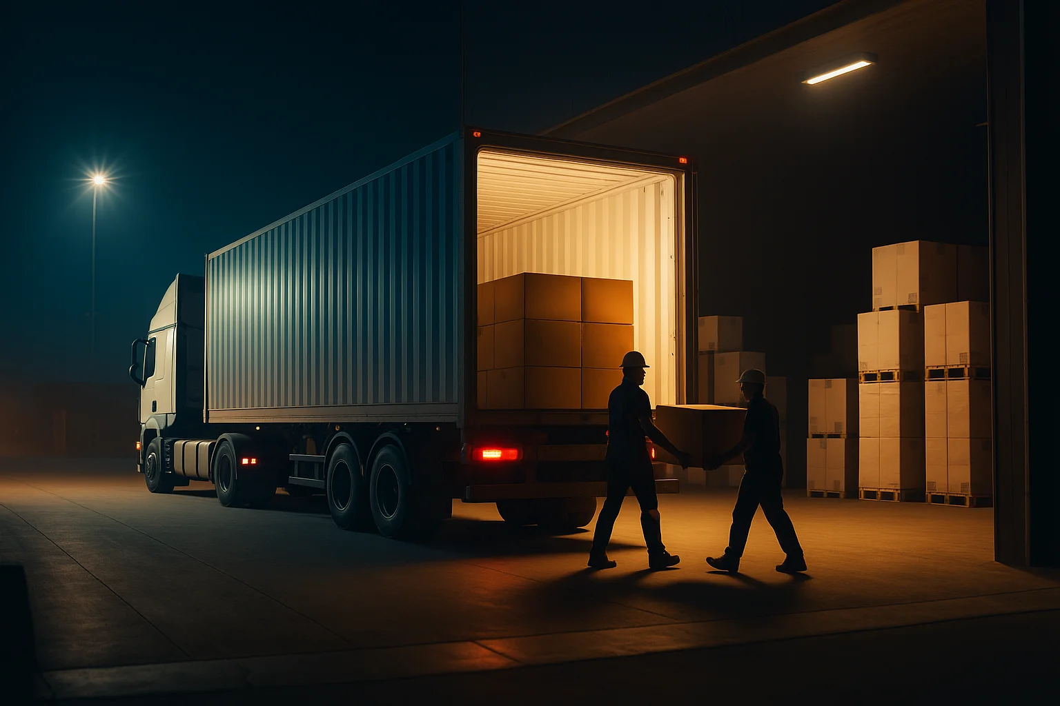 Two workers loading boxes into a truck at a warehouse during nighttime