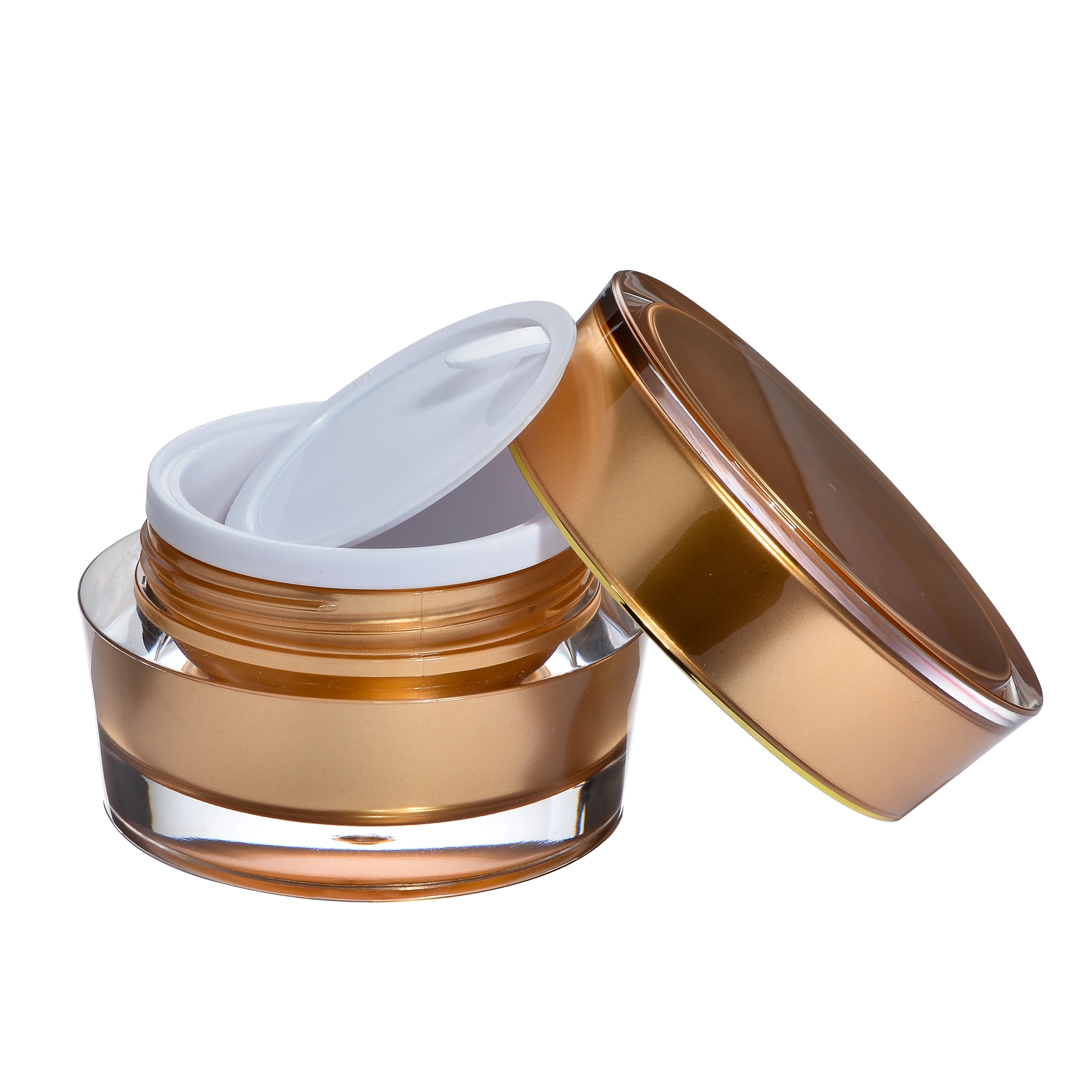 Open 30ml acrylic jar in glossy gold with white sealing insert on white background