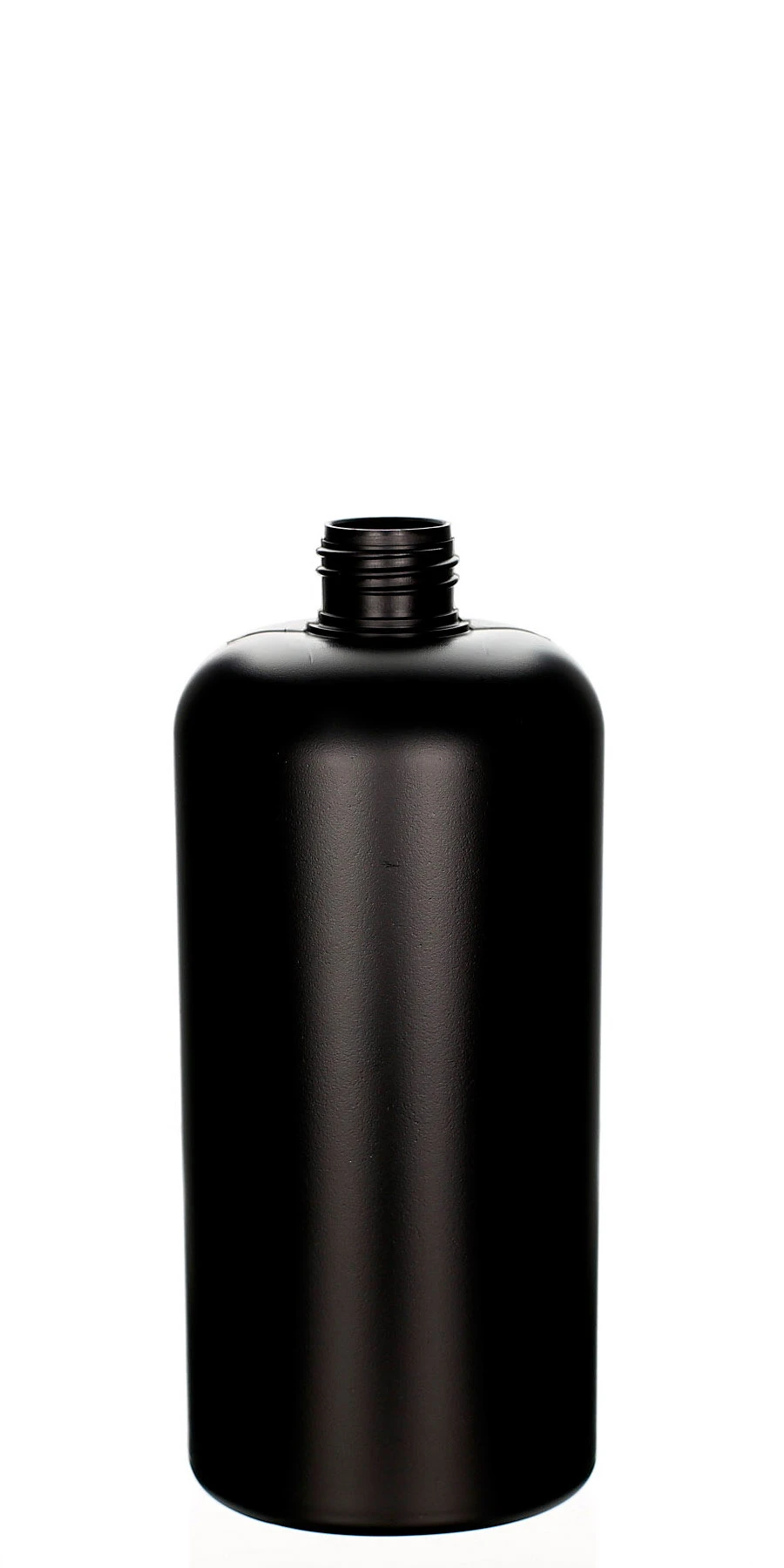 Matte black 500ml HDPE plastic bottle with round body and 24/410 neck on white background