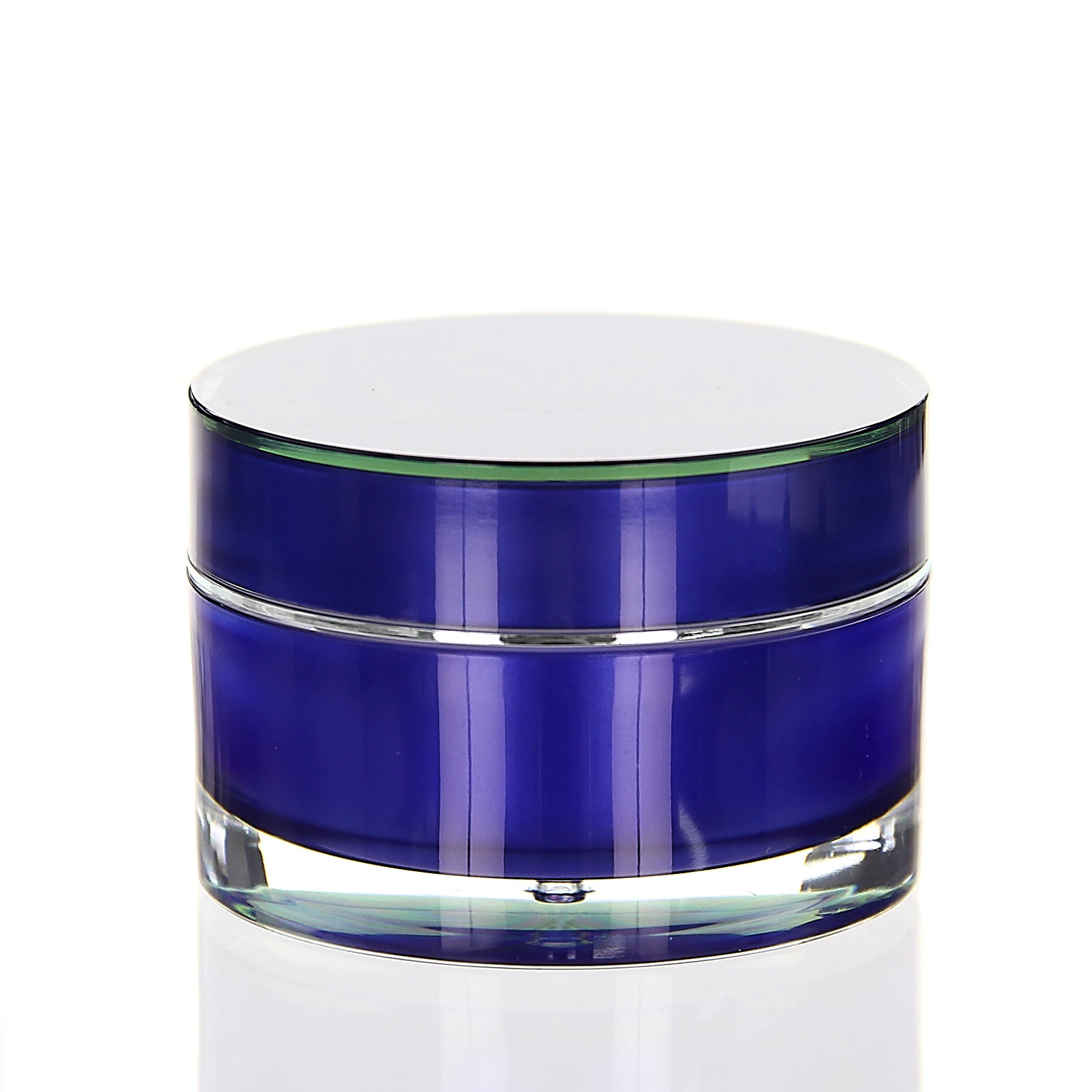 Closed 50ml acrylic jar in glossy blue with transparent base on white background