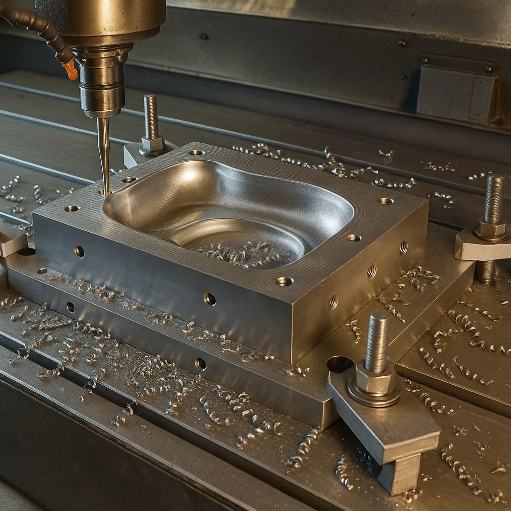 Metal mold being milled on a CNC machine to create a precision tool