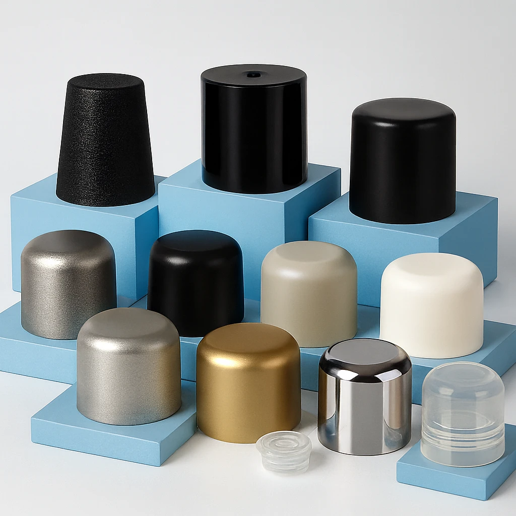 Selection of round plastic caps in black, white, silver, gold, and clear on white displays