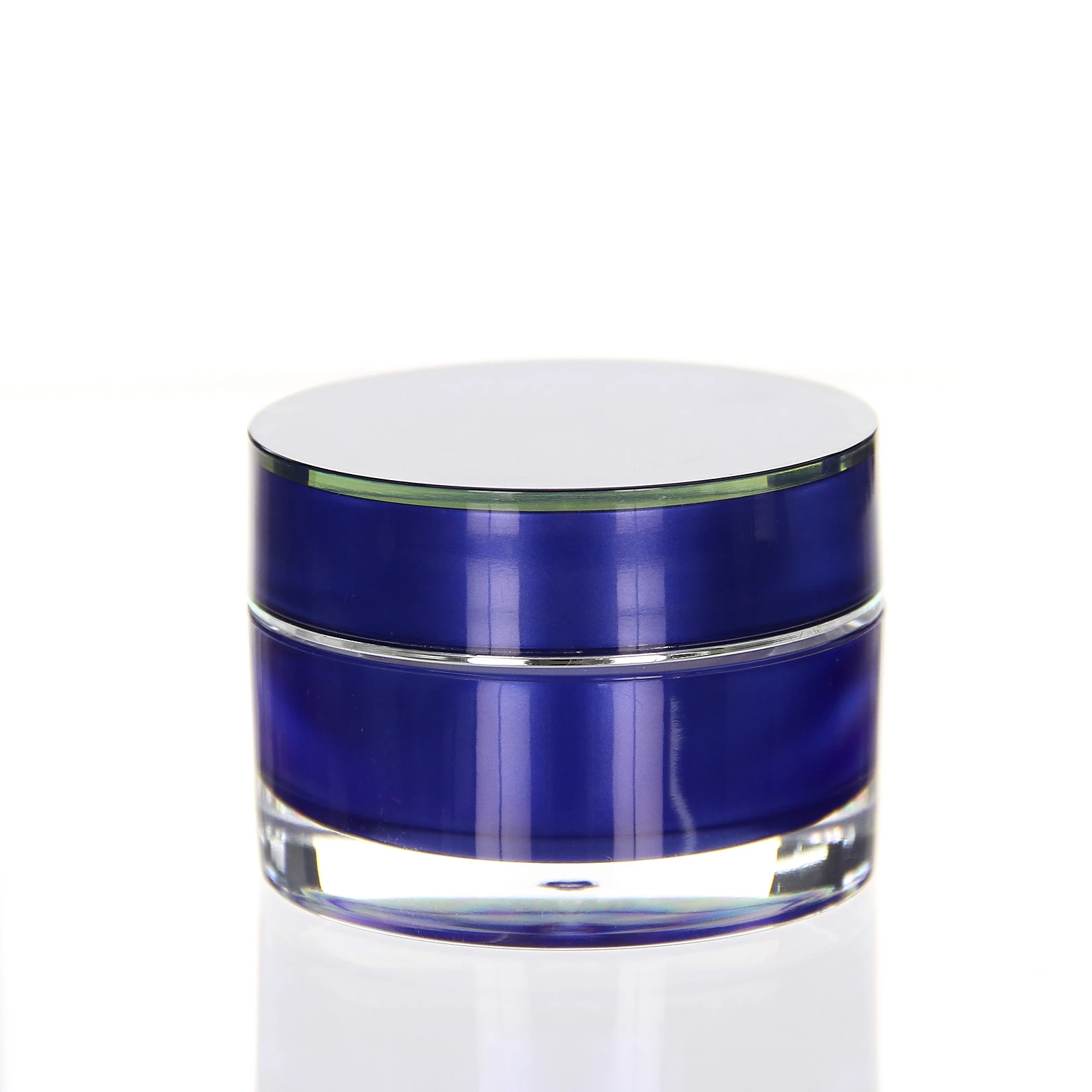 Closed 30ml blue acrylic jar with glossy surface and transparent base on light background
