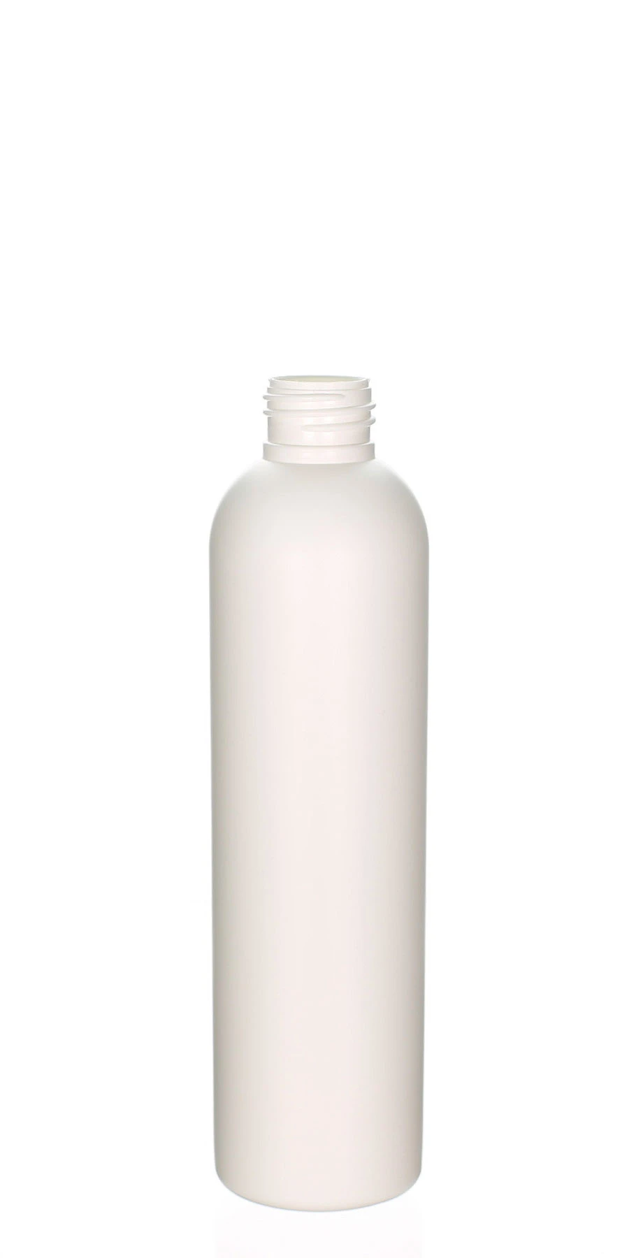 200ml HDPE-Kosmetikflasche in mattem Weiß für Pflege- und Spa-Produkte Matte weiße 200ml Kunststoffflasche aus HDPE mit rundem Körper und 24/410 Gewinde auf hellem Hintergrund