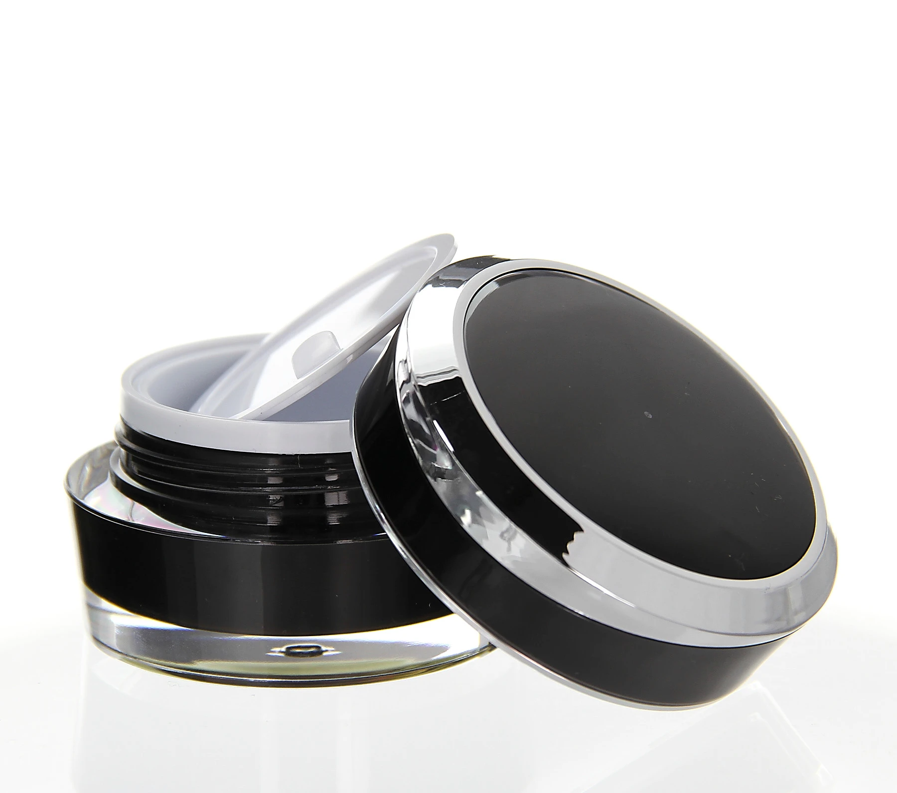 Open 15ml Mars acrylic jar in black with glossy lid and transparent inner disc