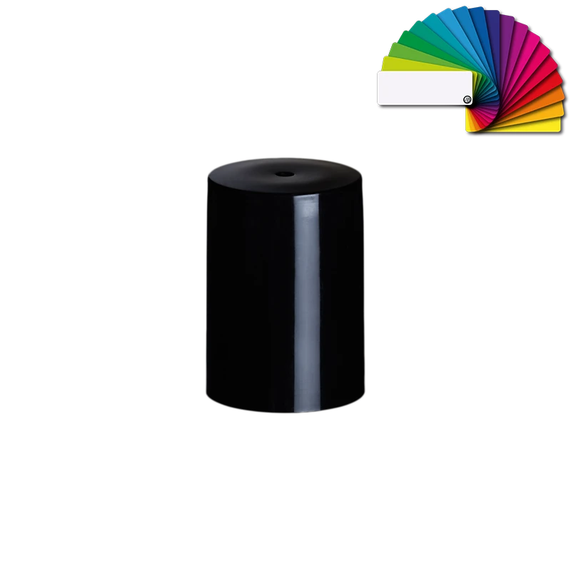 Schwarze glänzende Nu 13 Verschlusskappe 13/1100 mit klassischer zylindrischer Form und Farbfächer zur individuellen Farbgestaltung auf hellem Hintergrund