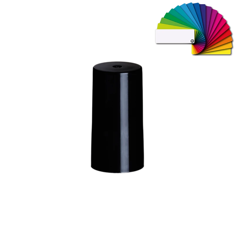 Schwarze würfelförmige Verschlusskappe Cubic 15/1126 mit glänzender Oberfläche und Farbfächer zur individuellen Farbgestaltung auf hellem Hintergrund
