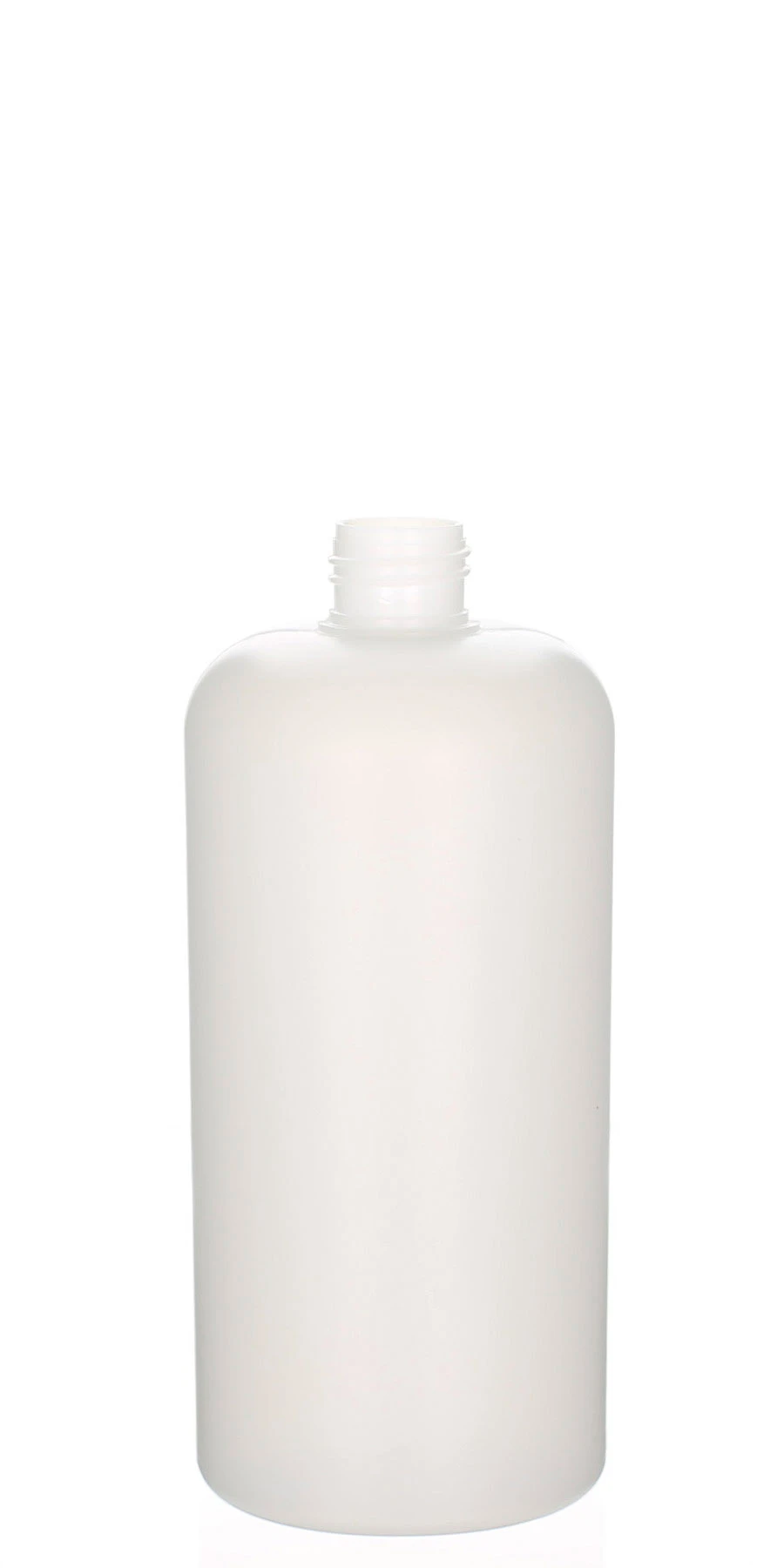 Matte naturfarbene 500ml Kunststoffflasche aus HDPE mit rundem Körper und 24/410 Gewinde auf weißem Hintergrund