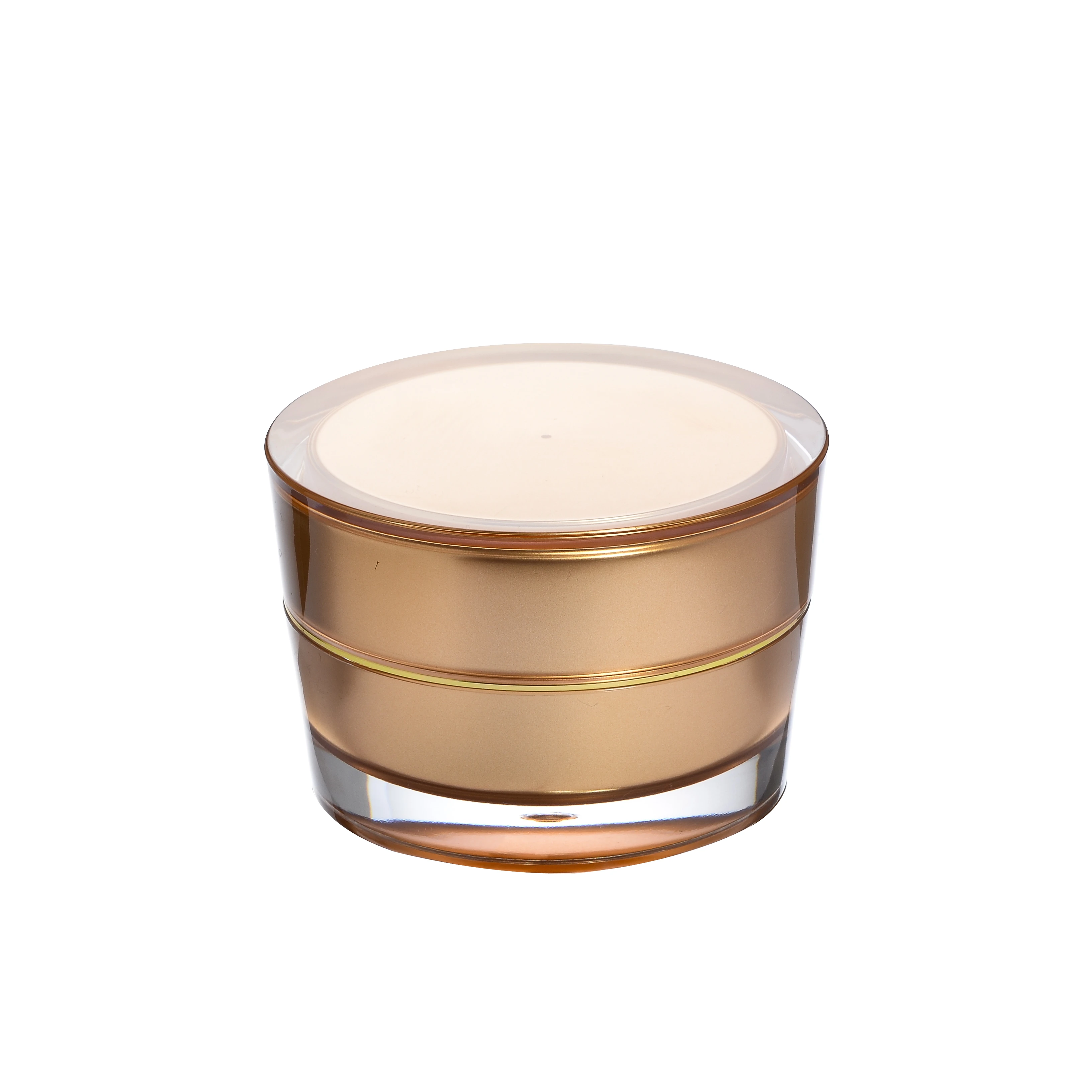 Closed 30ml gold acrylic jar in tapered shape with glossy double-wall design on white background