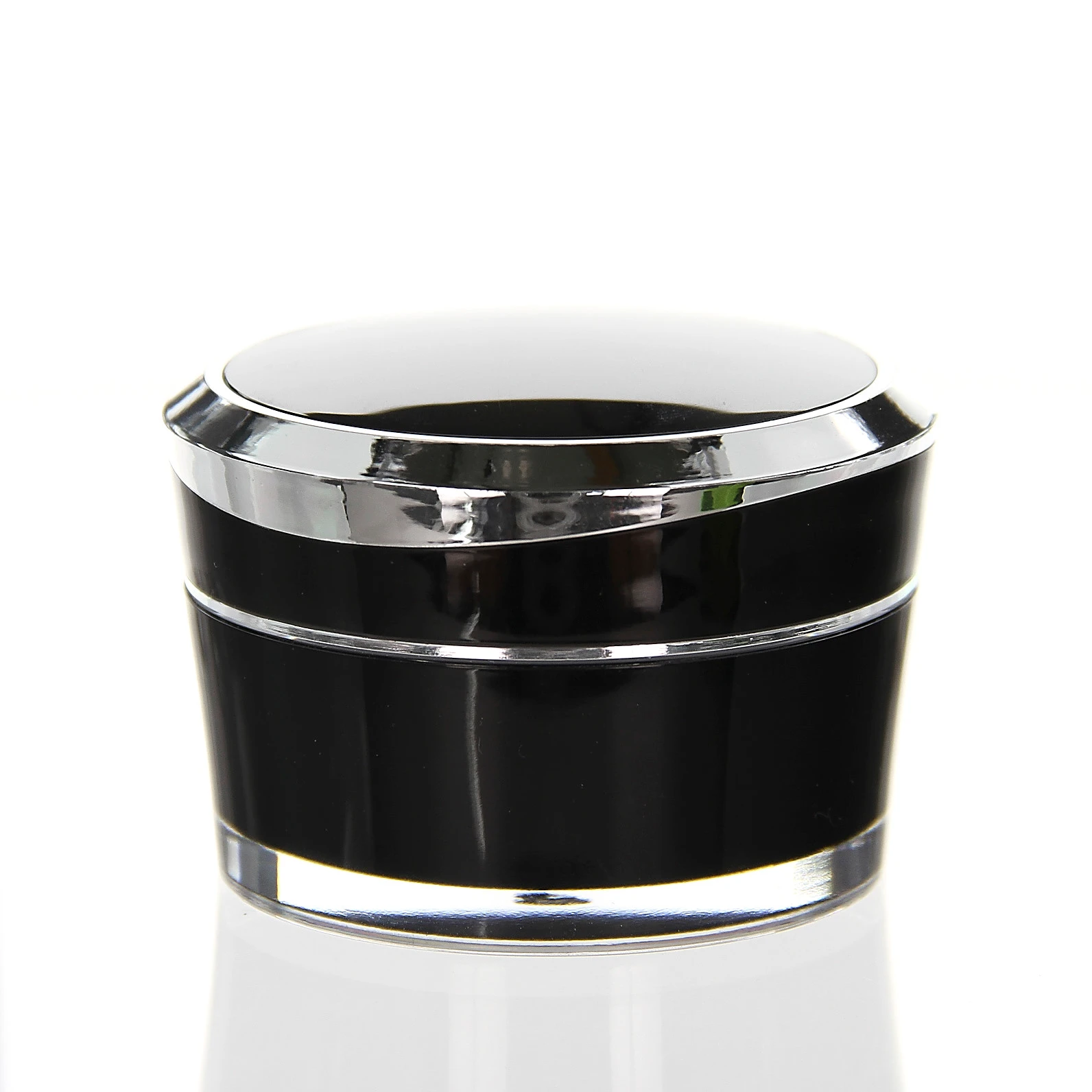 Glossy 50ml Mars acrylic jar in deep black with silver lid rim on white background