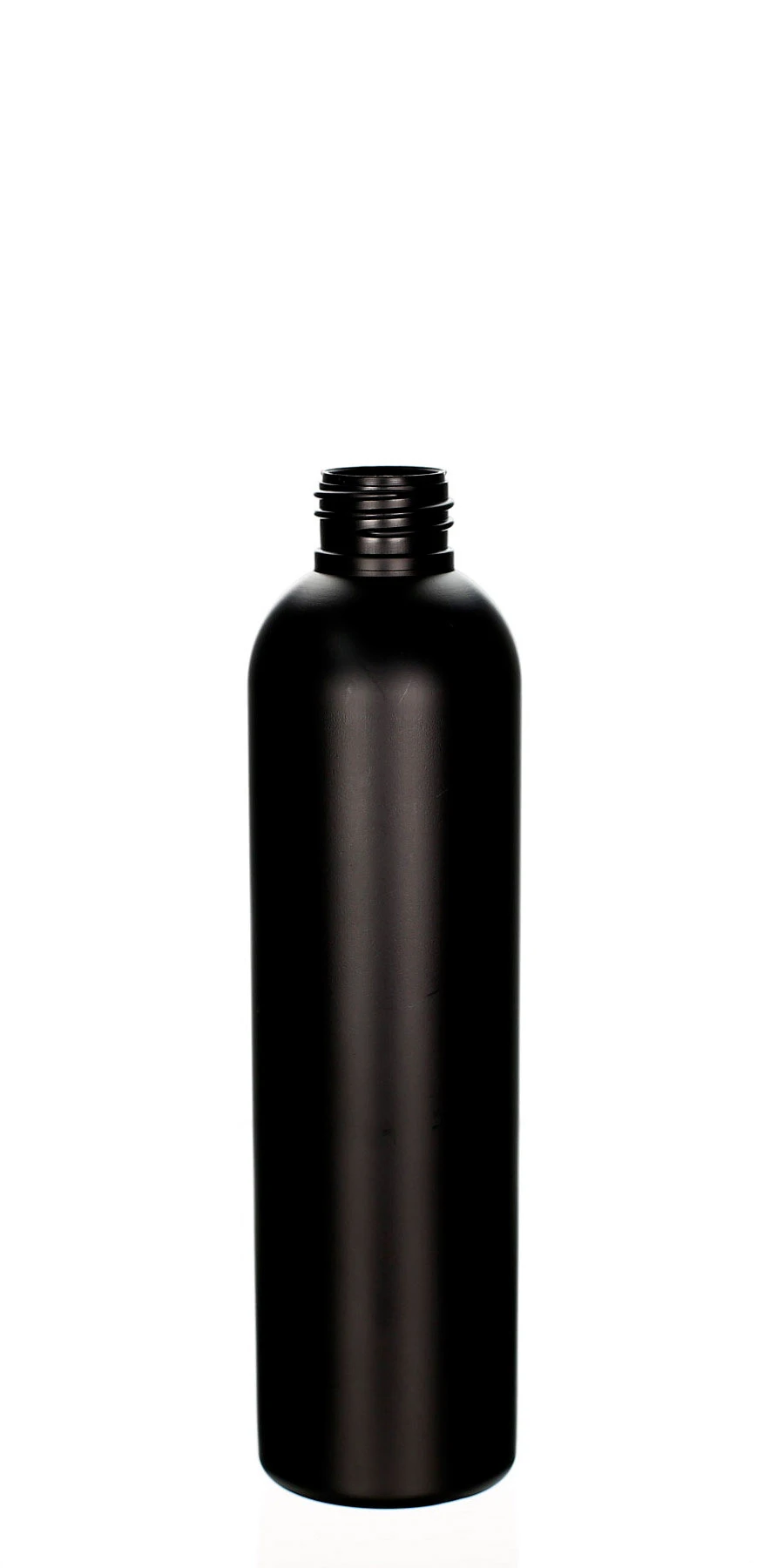 200ml HDPE-Kosmetikflasche in mattem Schwarz für Pflege- und Spa-Produkte Mattschwarze 200ml Kunststoffflasche aus HDPE mit rundem Körper und 24/410 Gewinde auf weißem Hintergrund