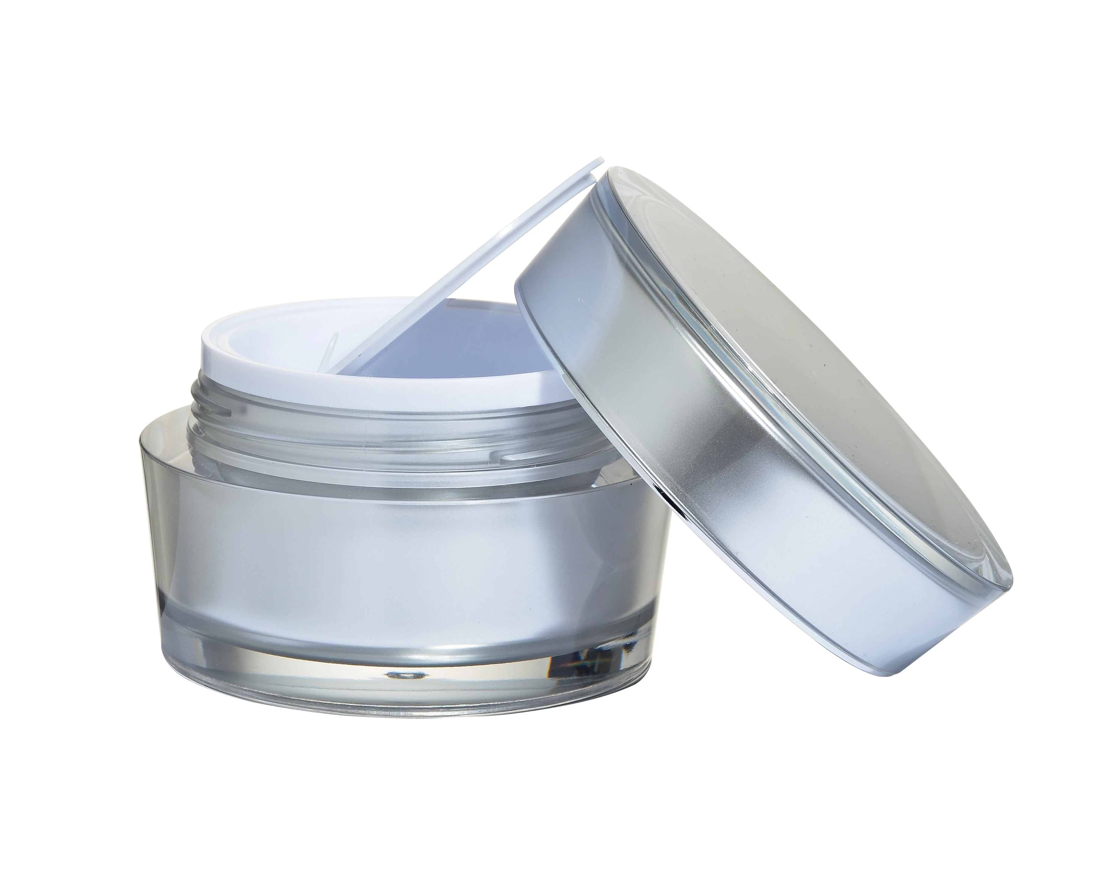 Open 50ml acrylic jar in glossy silver with white inner lid on white background