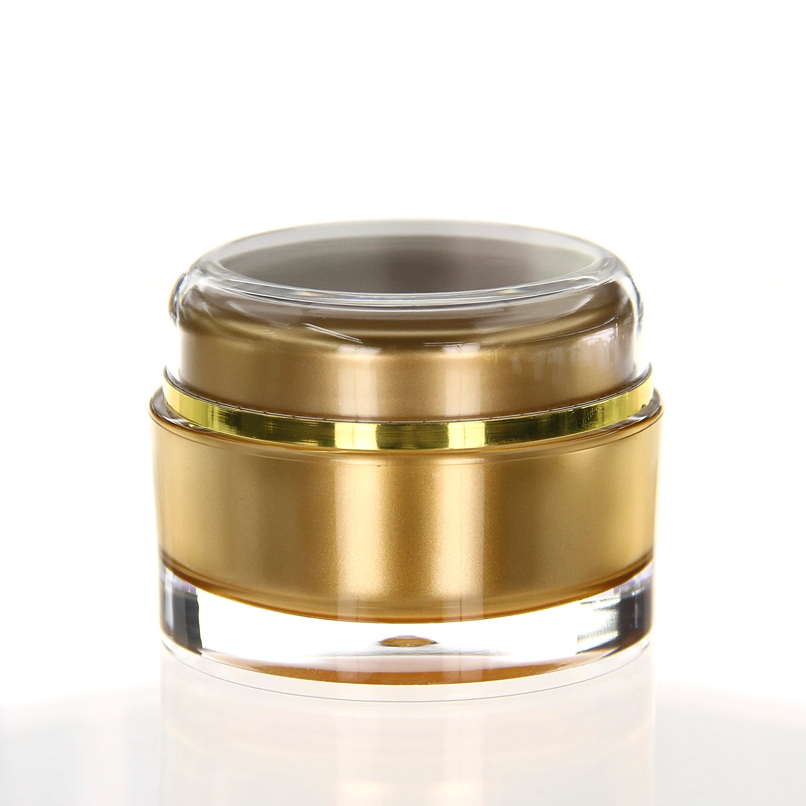 Closed 50ml acrylic jar in glossy gold with transparent lid rim and golden accent ring
