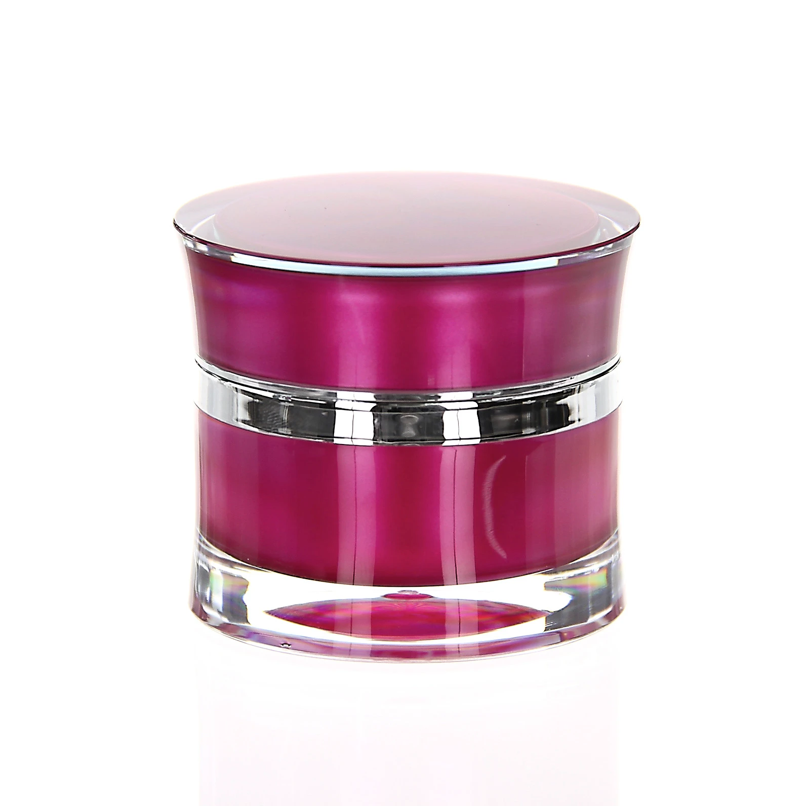 Glossy 30ml acrylic jar in vibrant pink with silver accent ring on white background