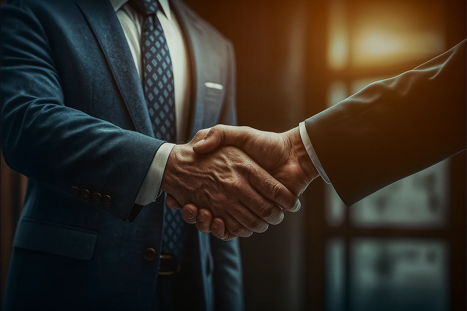 Two men in suits shaking hands as a symbol of a business agreement