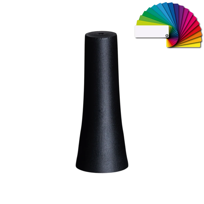 Schwarze matte Twirl Verschlusskappe 13/1031 in elegant geschwungener Form mit Farbfächer für individuelle Farbgestaltung auf hellem Hintergrund
