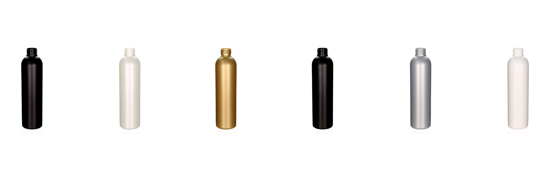 Six identical matte black plastic bottles with threaded necks lined up on a white background