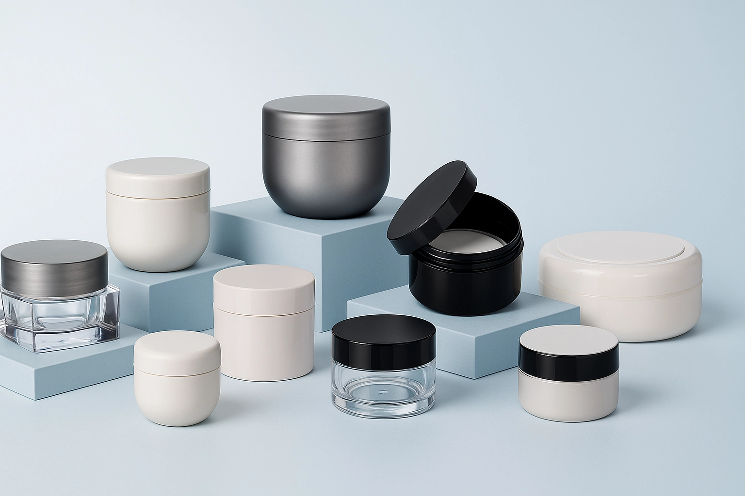 Empty plastic cosmetic jars in various colors on a light blue pedestal