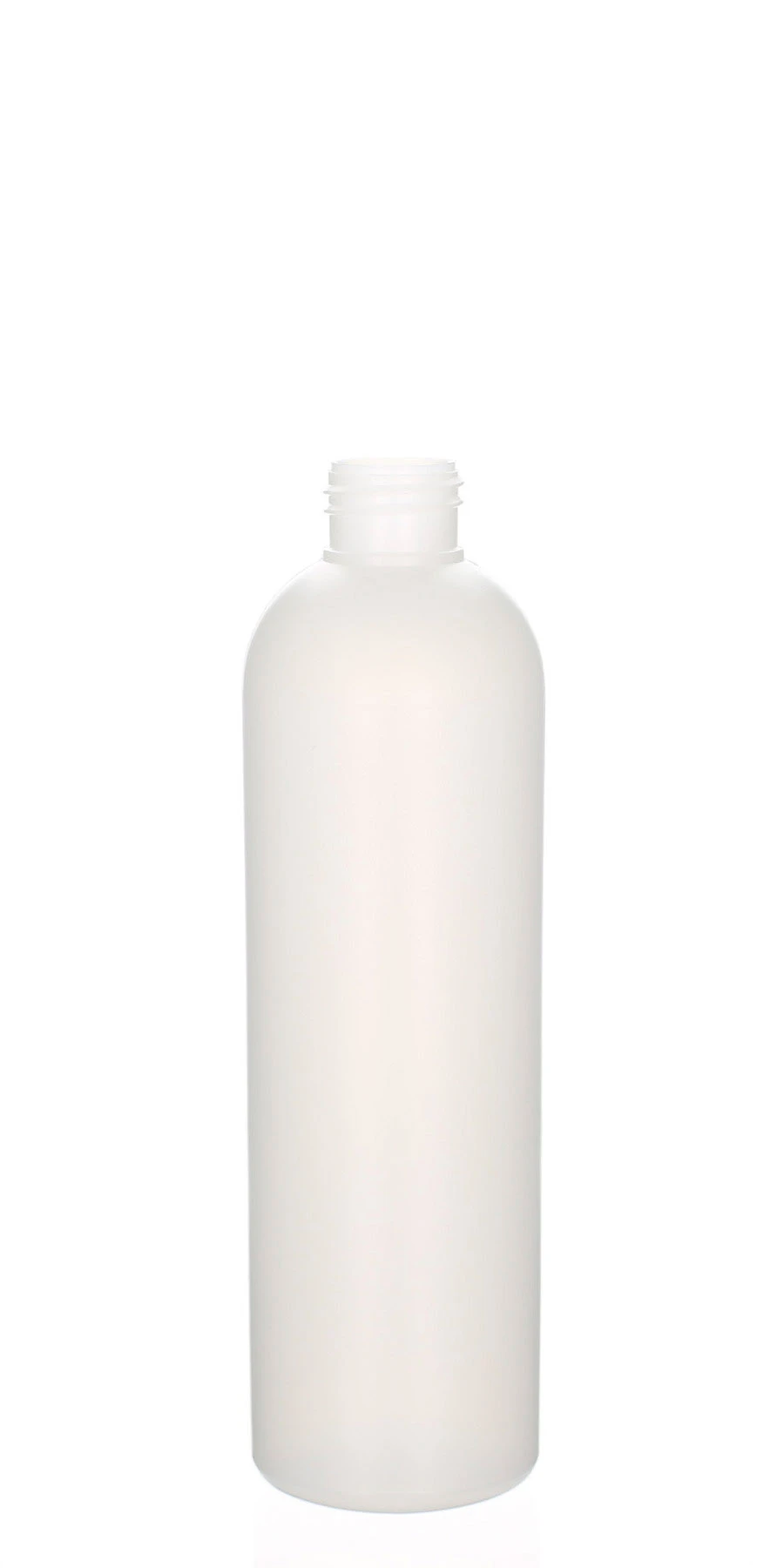 250ml HDPE-Kosmetikflasche in Natur für Clean-Beauty- und Pflegeprodukte Matte naturfarbene 250ml Kunststoffflasche aus HDPE mit rundem Körper und 24/410 Gewinde auf weißem Hintergrund