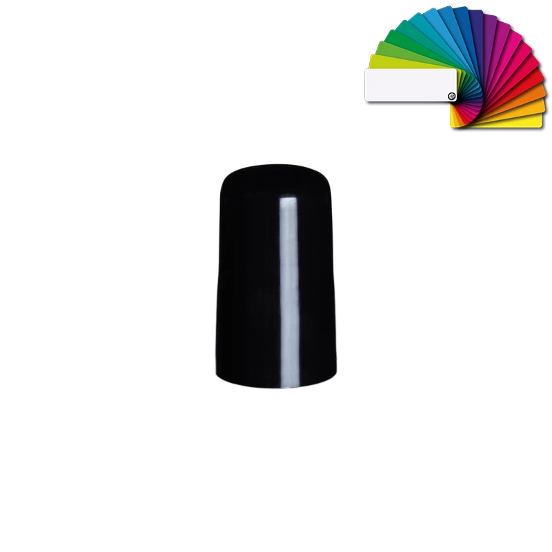 Clara 13/415 Verschlusskappe mit Farboptionen für elegante Produktlinien Schwarze glänzende Verschlusskappe Clara 13/415 mit rundem, leicht konischem Design und Farbfächer zur individuellen Farbgestaltung auf hellem Hintergrund