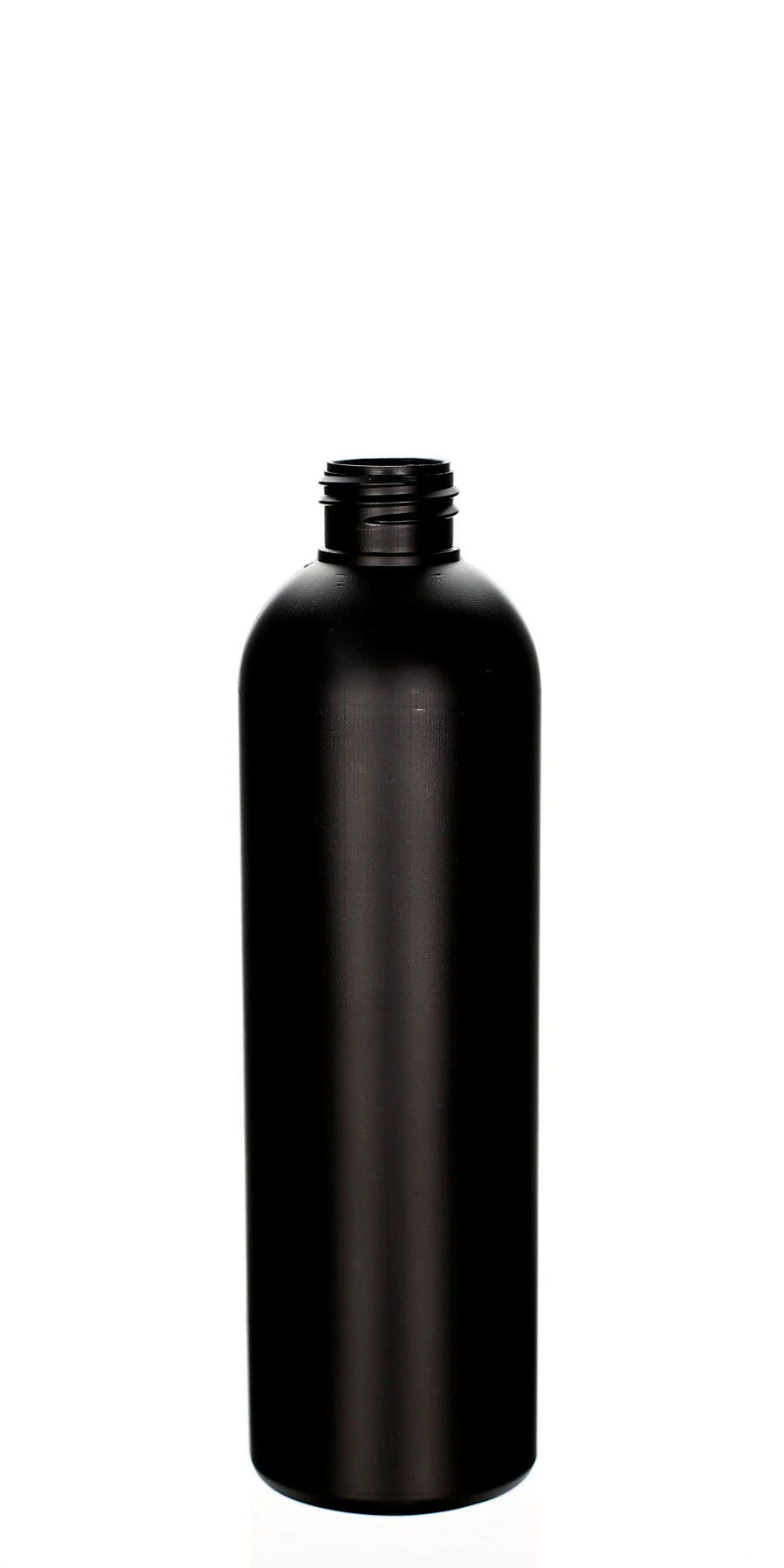 250ml HDPE-Kosmetikflasche in mattem Schwarz für Pflege- und Spa-Produkte Mattschwarze 250ml Kunststoffflasche aus HDPE mit rundem Körper und 24/410 Gewinde auf weißem Hintergrund