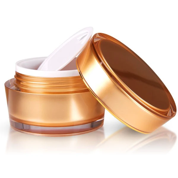 Open 50ml gold acrylic jar with white sealing insert and glossy double-walled design on white background