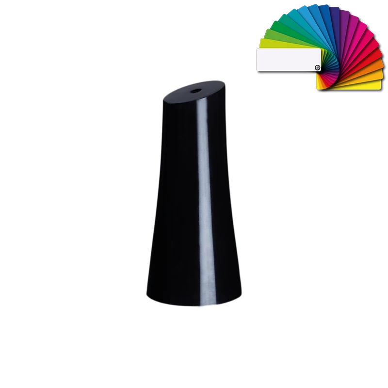 Black glossy Mini PC 13/1018A closure cap with slim tapered design and color fan for customized color selection on light background